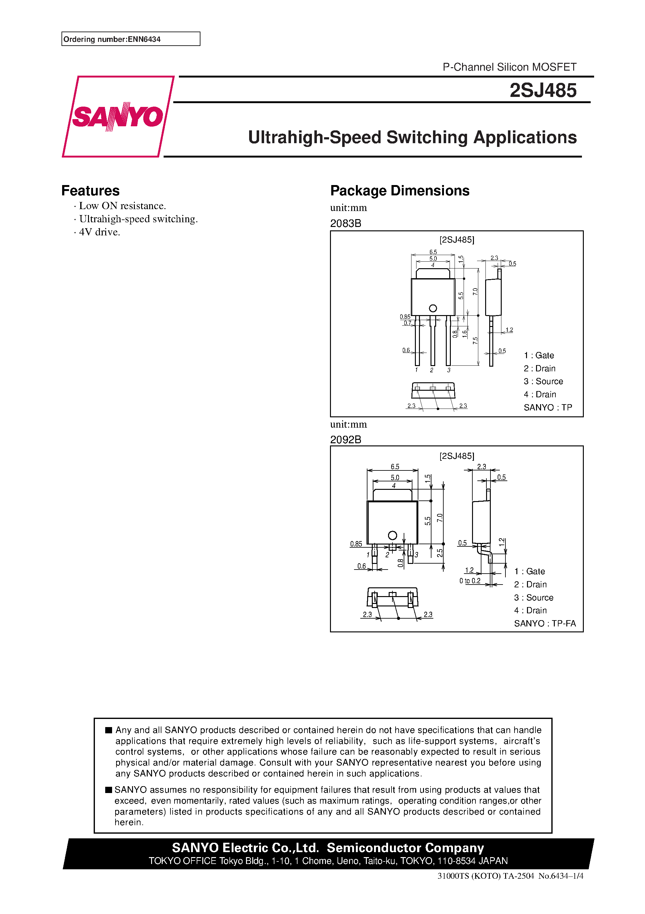 Даташит 2SJ485 - Ultrahigh-Speed Switching Applications страница 1