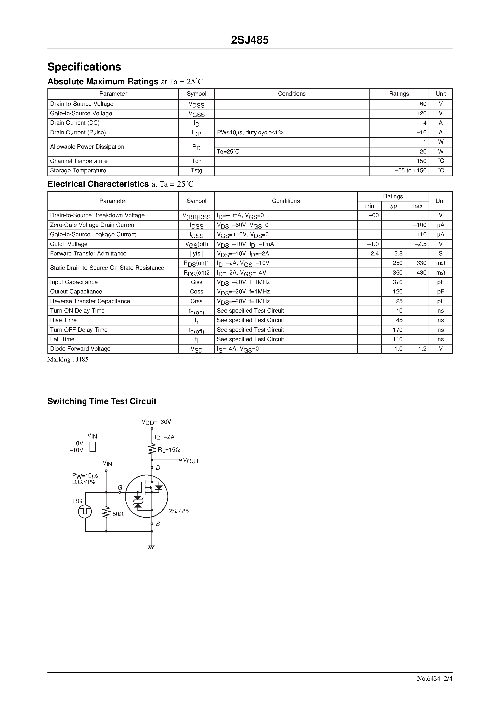 Даташит 2SJ485 - Ultrahigh-Speed Switching Applications страница 2