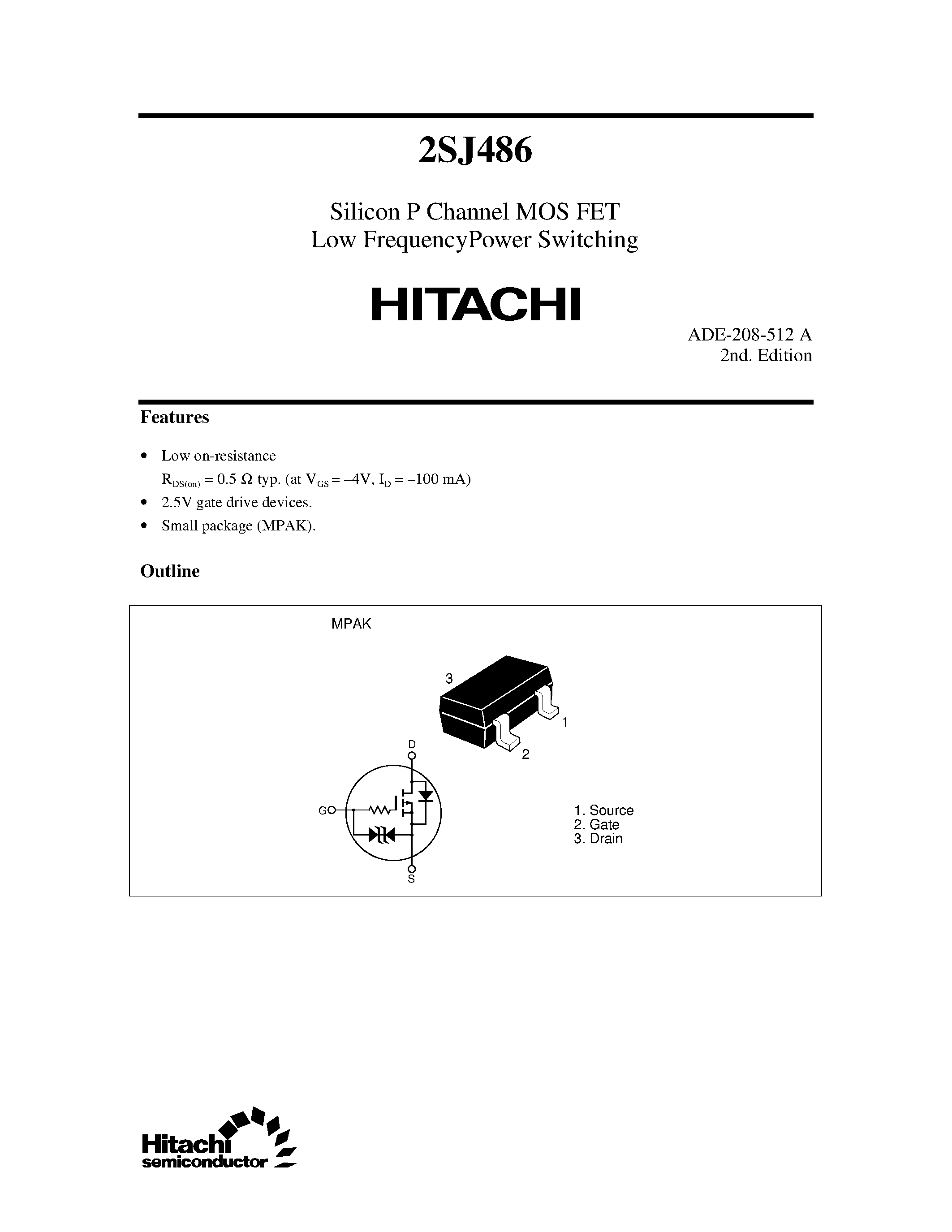 Даташит 2SJ486 - Silicon P Channel MOS FET Low FrequencyPower Switching страница 1