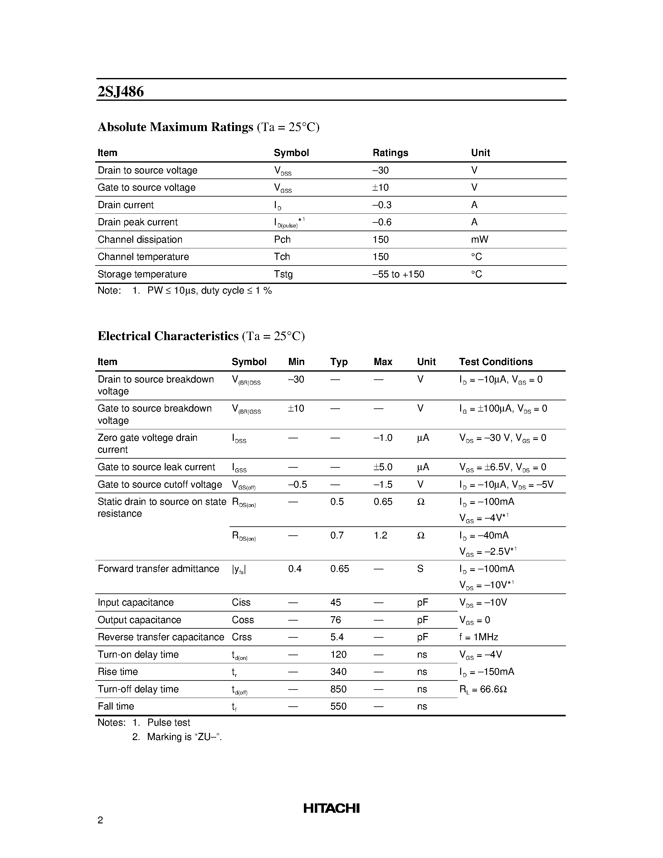 Даташит 2SJ486 - Silicon P Channel MOS FET Low FrequencyPower Switching страница 2