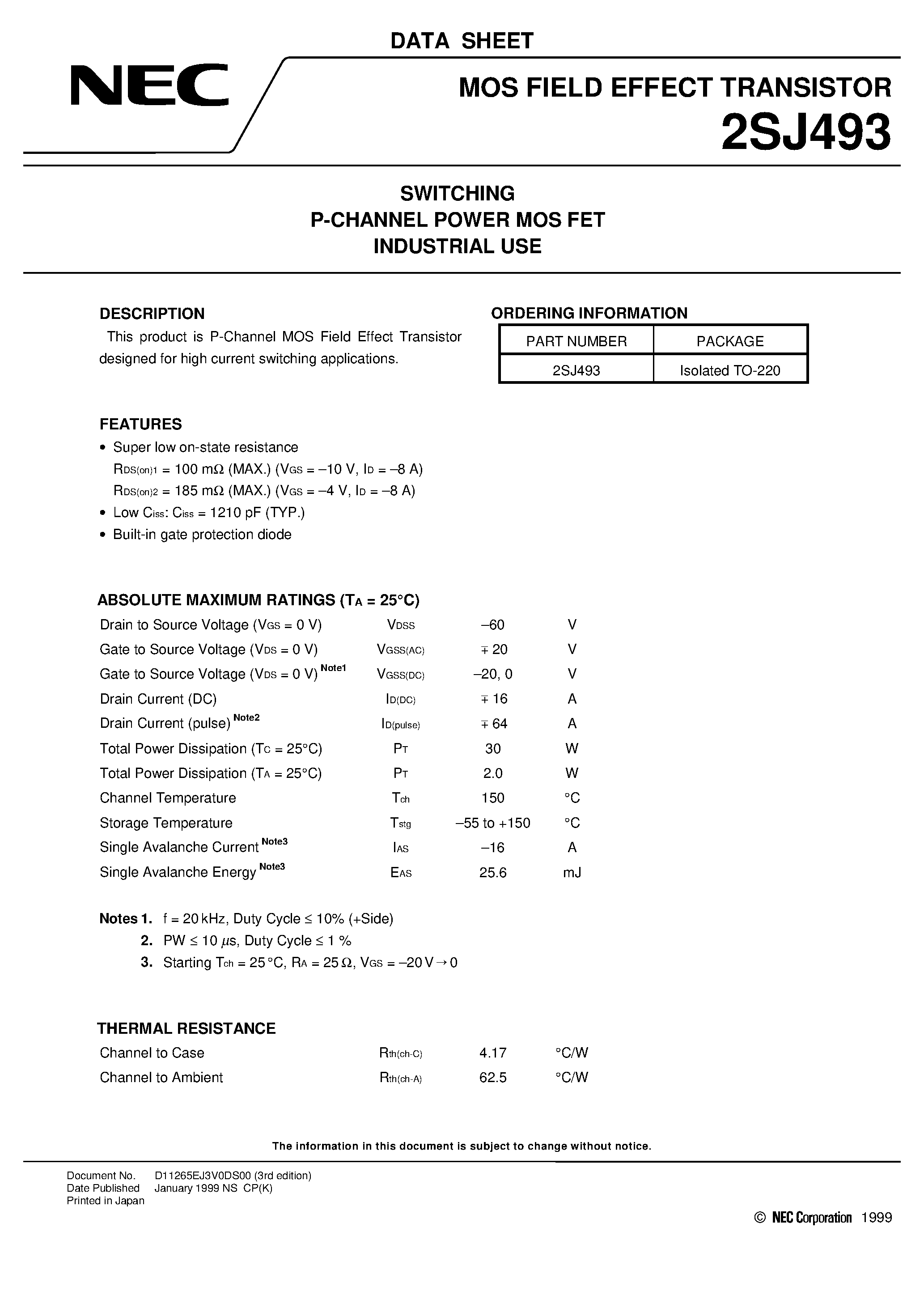 Даташит 2SJ493 - SWITCHING P-CHANNEL POWER MOS FET INDUSTRIAL USE страница 1