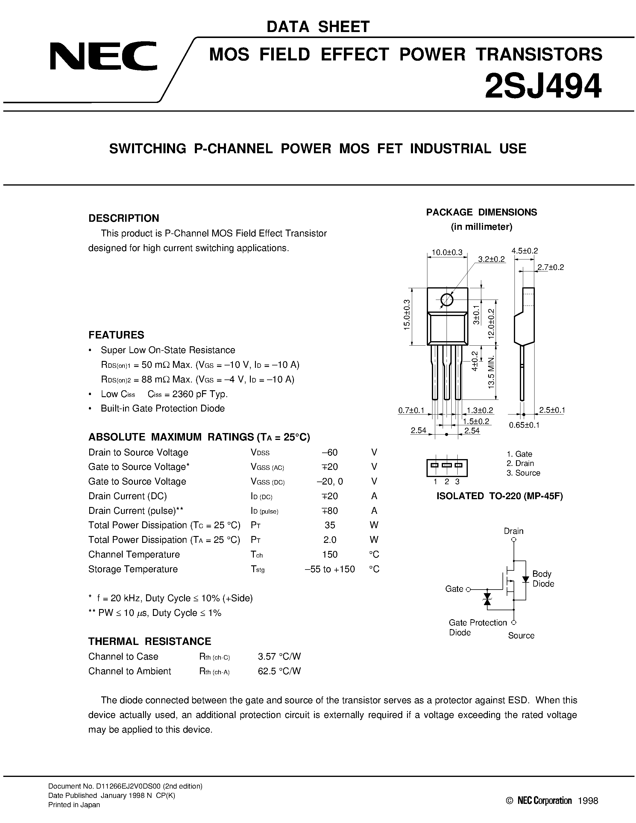 Даташит 2SJ494 - SWITCHING P-CHANNEL POWER MOS FET INDUSTRIAL USE страница 1