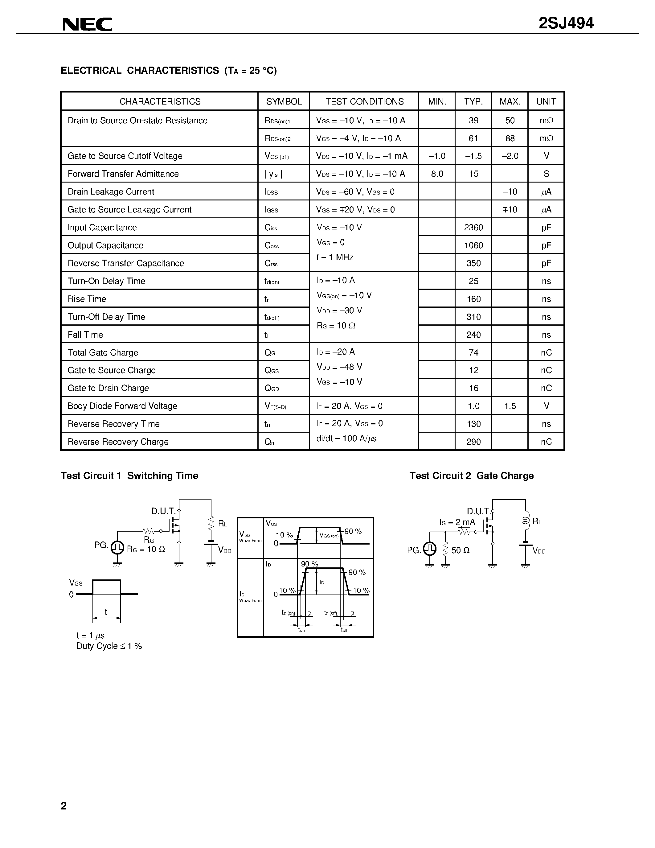 Даташит 2SJ494 - SWITCHING P-CHANNEL POWER MOS FET INDUSTRIAL USE страница 2