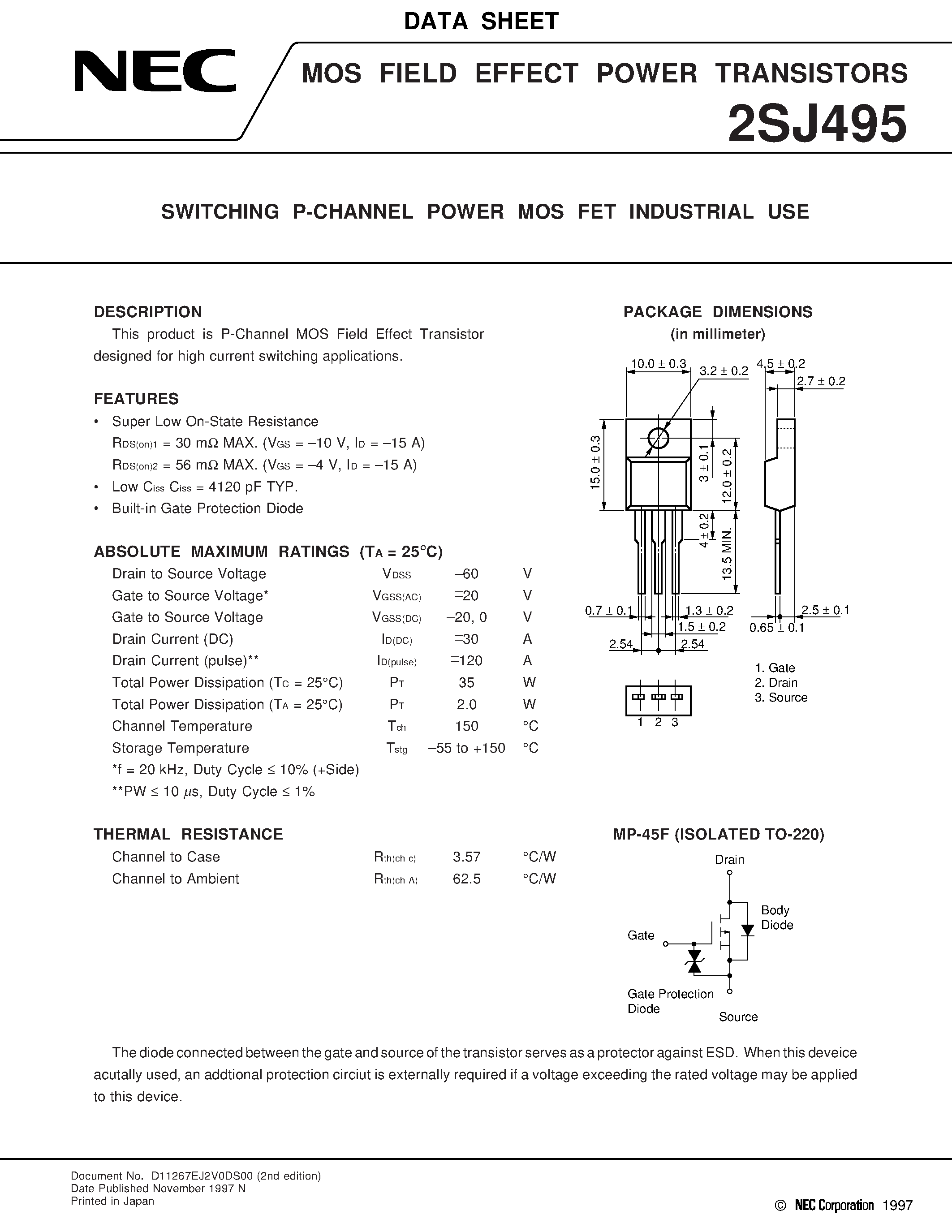 Даташит 2SJ495 - SWITCHING P-CHANNEL POWER MOS FET INDUSTRIAL USE страница 1