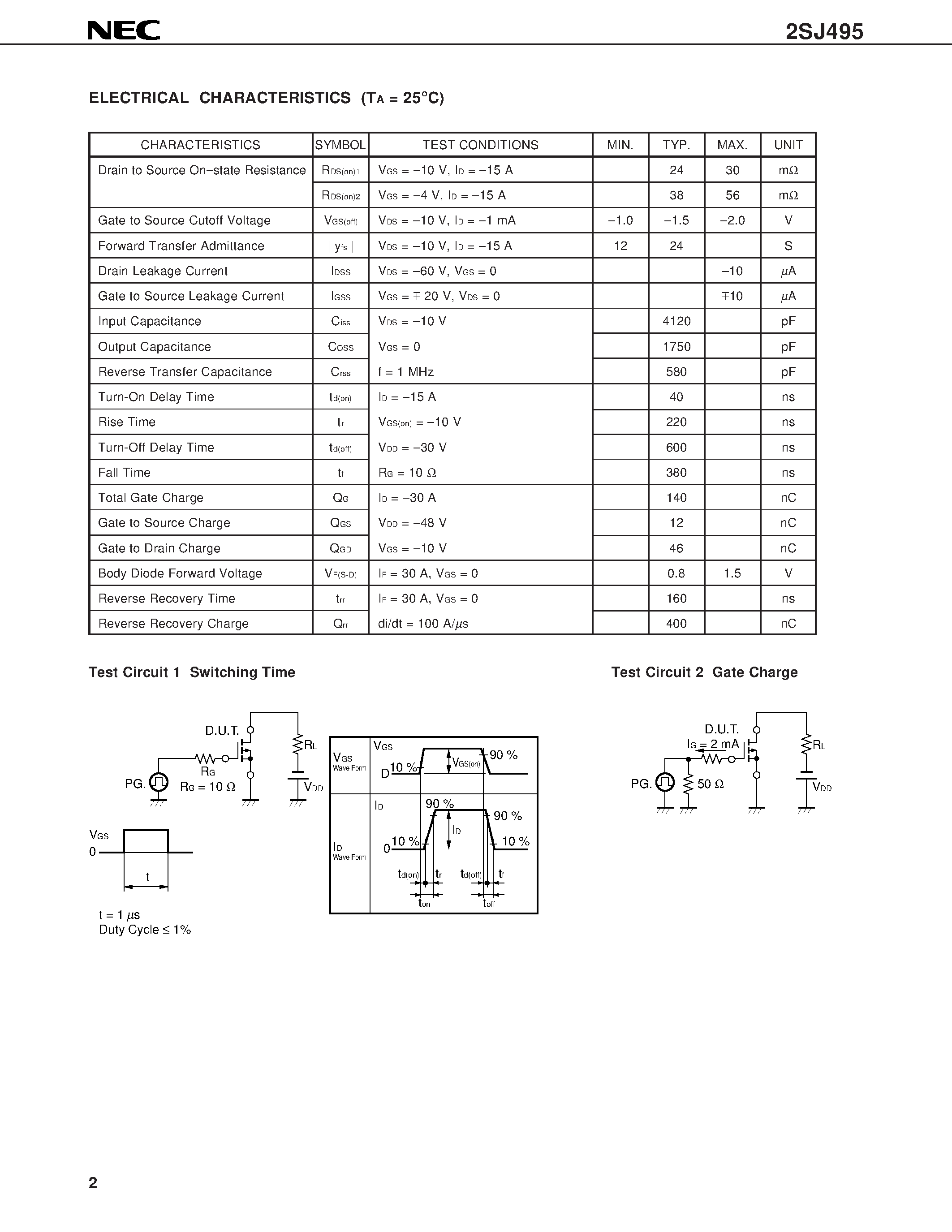 Даташит 2SJ495 - SWITCHING P-CHANNEL POWER MOS FET INDUSTRIAL USE страница 2