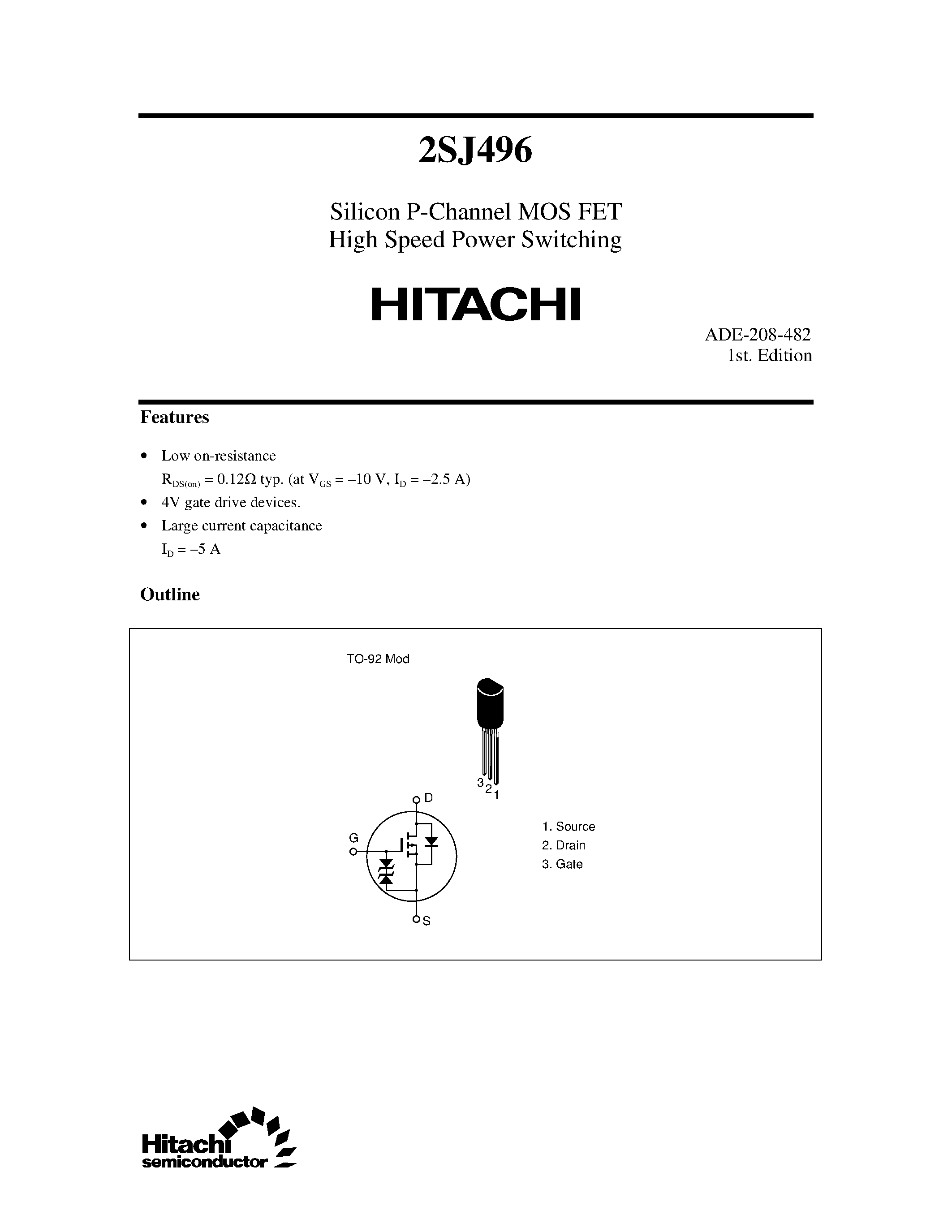 Даташит 2SJ496 - Silicon P-Channel MOS FET High Speed Power Switching страница 1