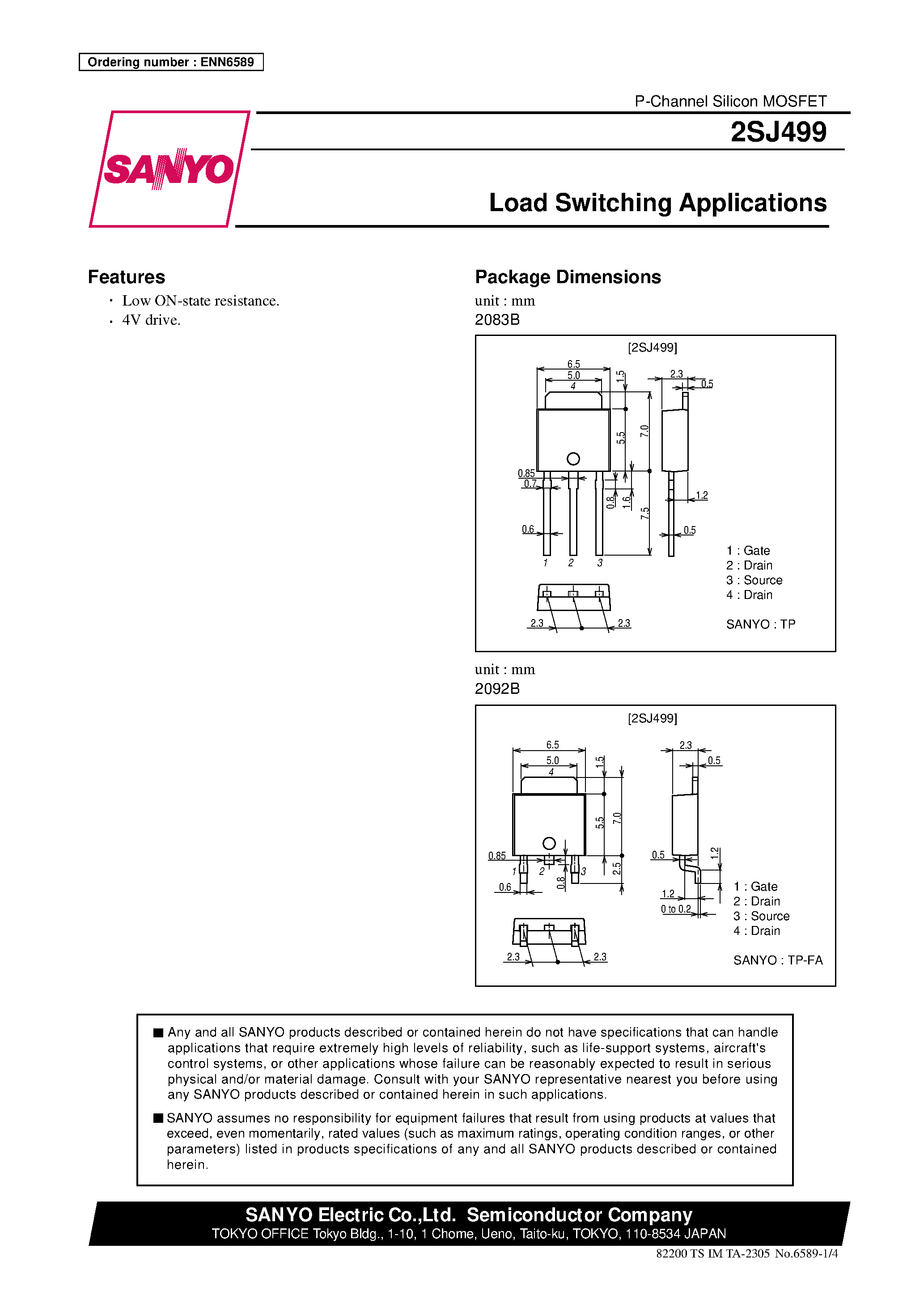 Даташит 2SJ499 - Load Switching Applications страница 1