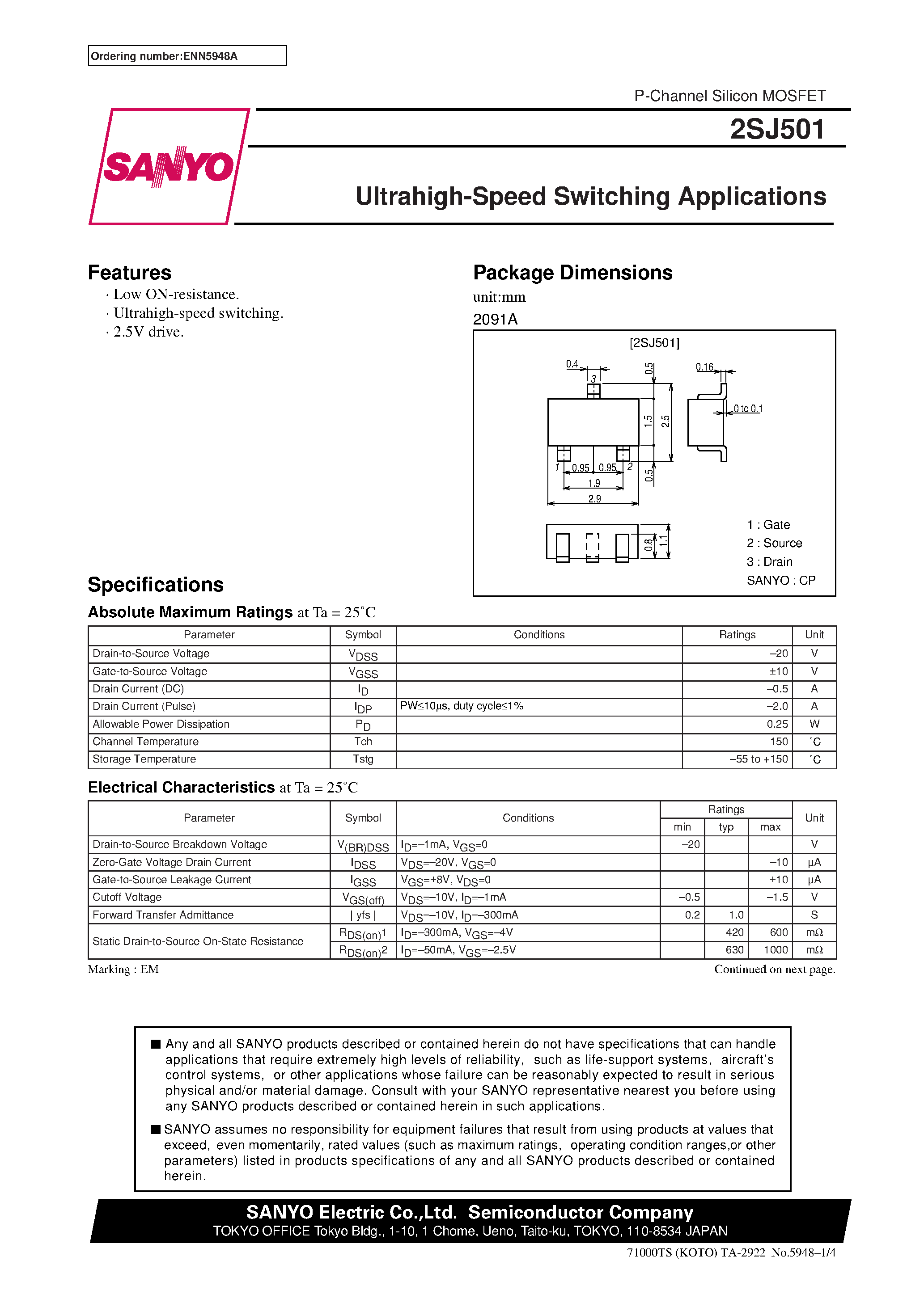 Даташит 2SJ501 - Ultrahigh-Speed Switching Applications страница 1