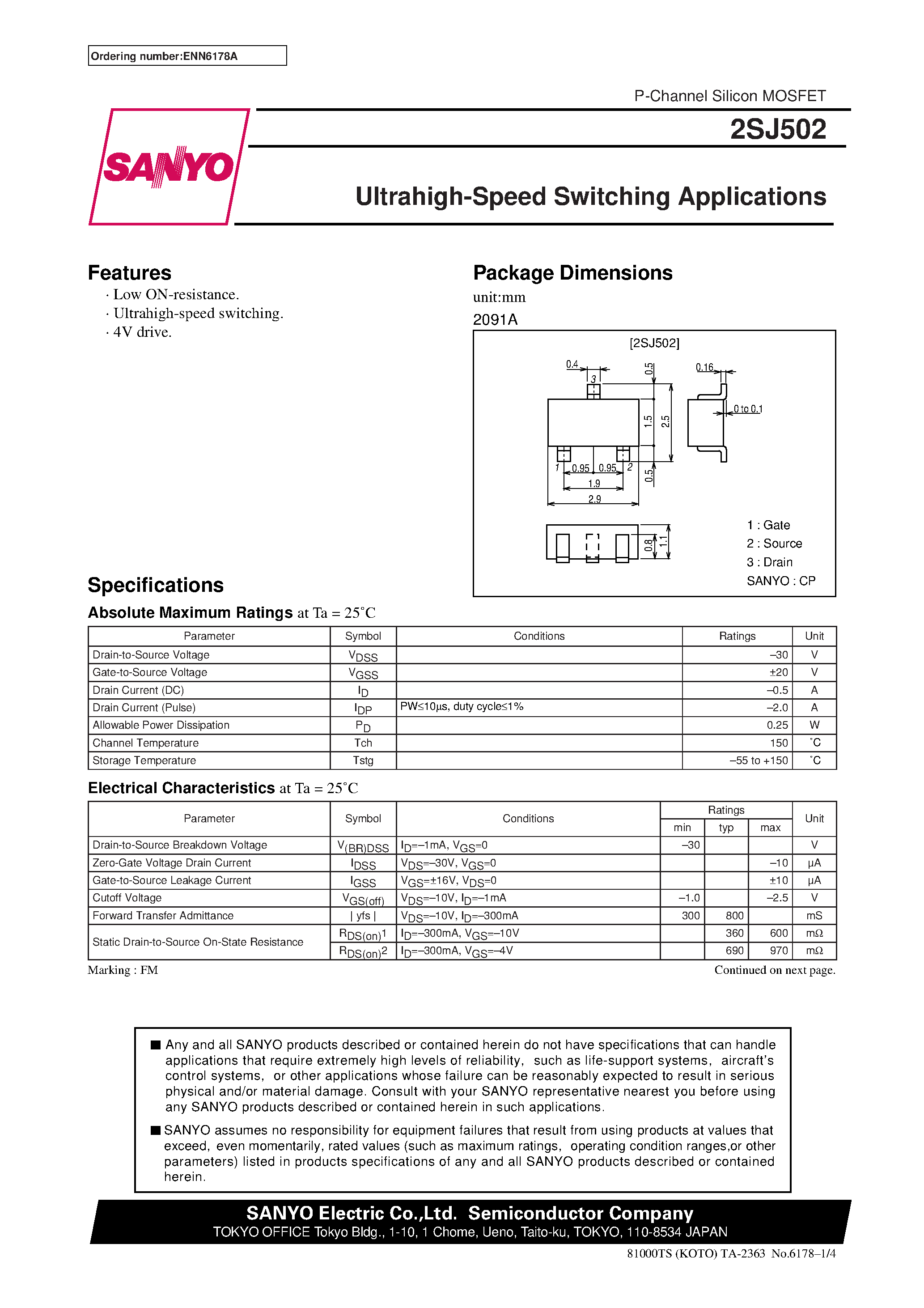 Даташит 2SJ502 - Ultrahigh-Speed Switching Applications страница 1