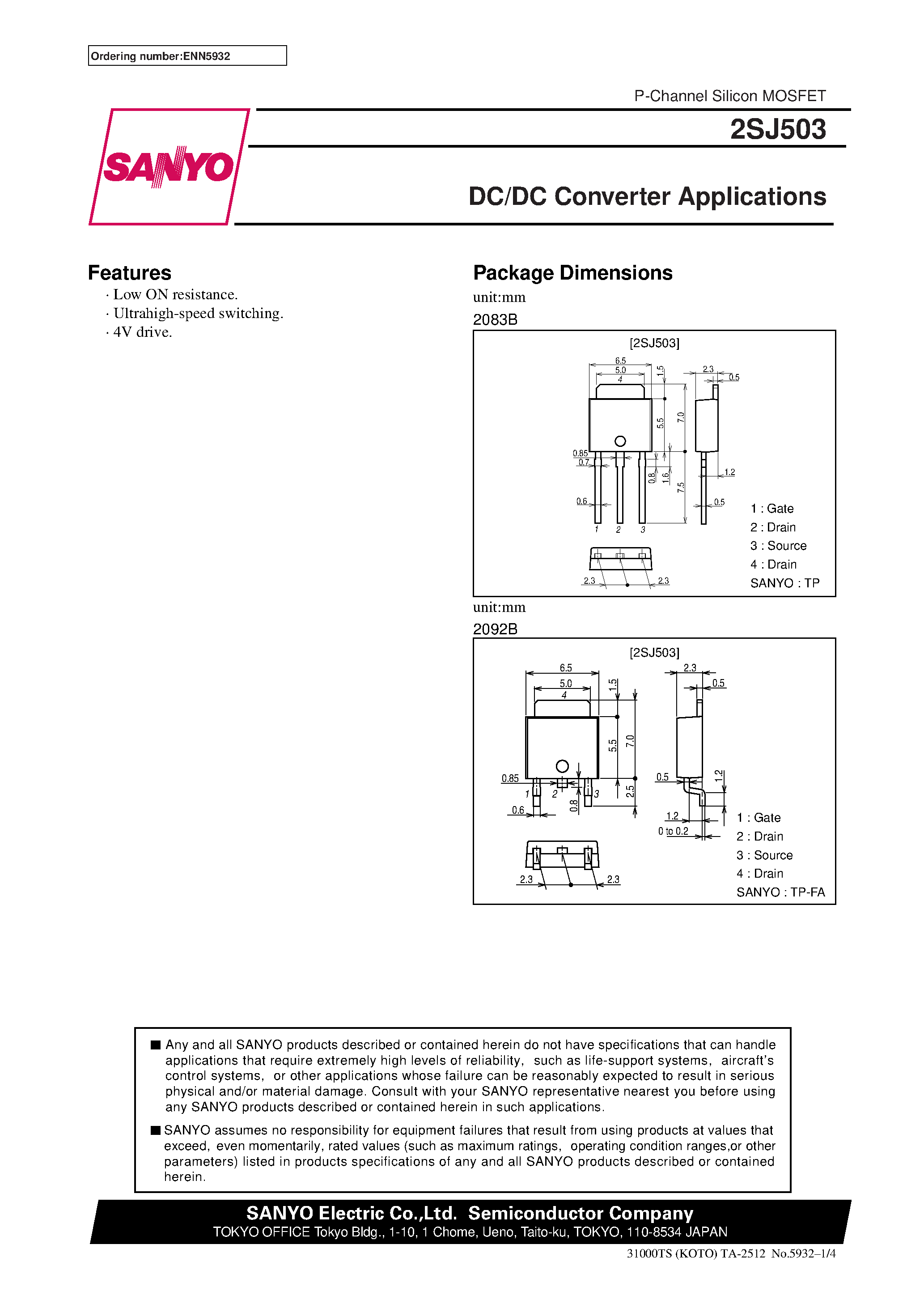 Даташит 2SJ503 - DC/DC Converter Applications страница 1