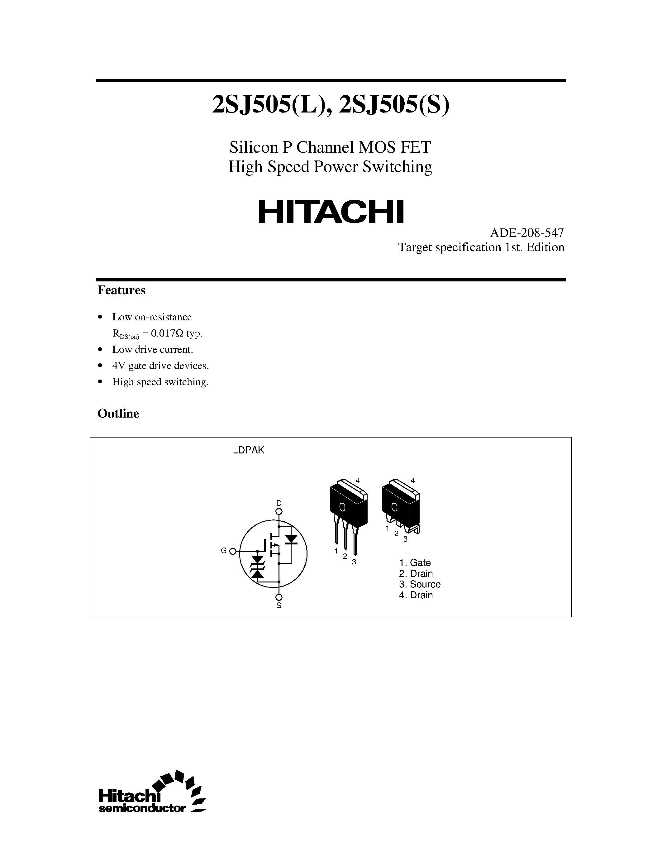 Даташит 2SJ505L - Silicon P Channel MOS FET High Speed Power Switching страница 1