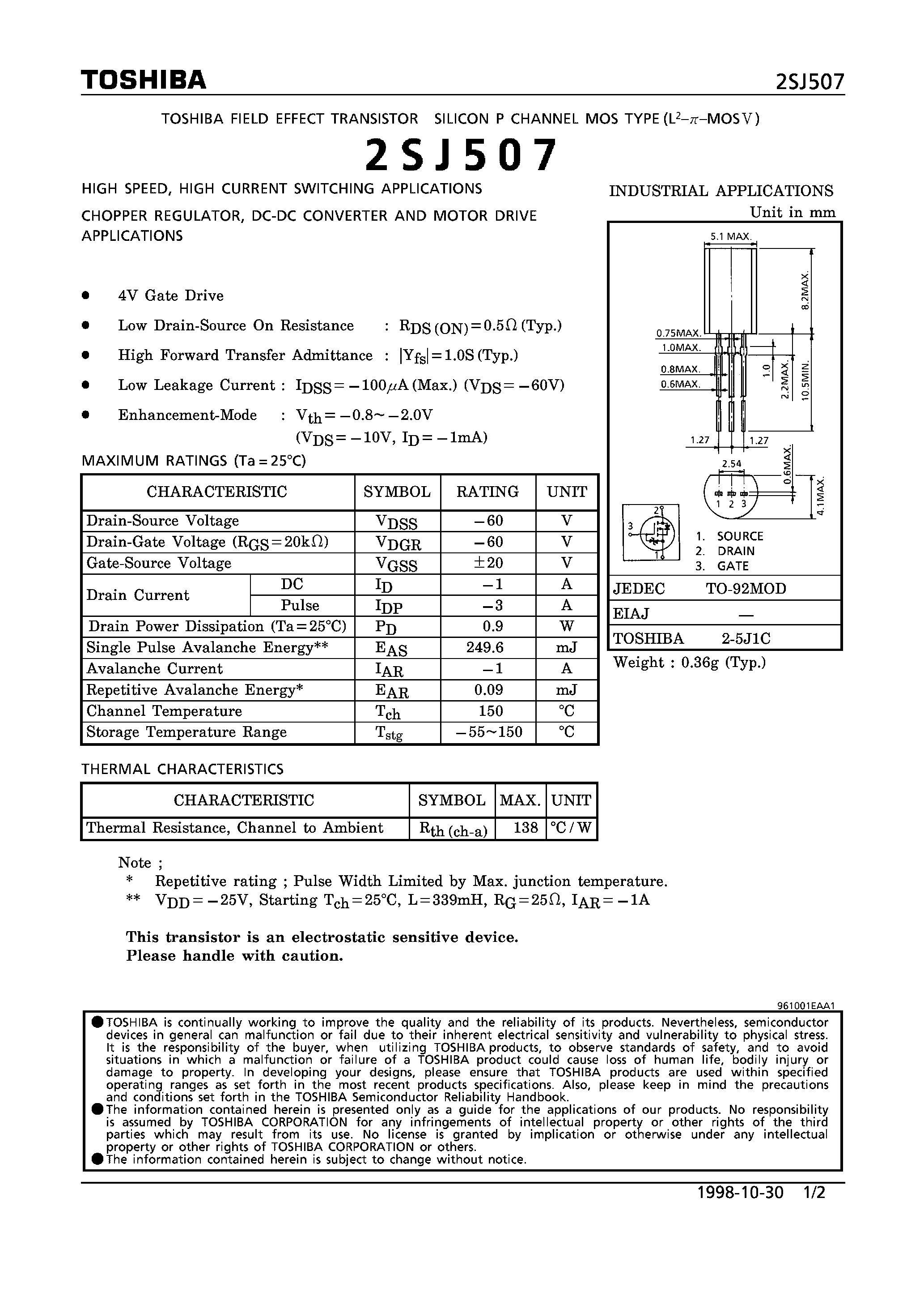 Даташит 2SJ507 - P CHANNEL MOS TYPE (HIGH SPEED/ HIGH CURRENT SWITCHING/ CHOPPER REGULATOR/ DC-DC CONVERTER AND MOTOR DRIVE APPLICATOINS) страница 1