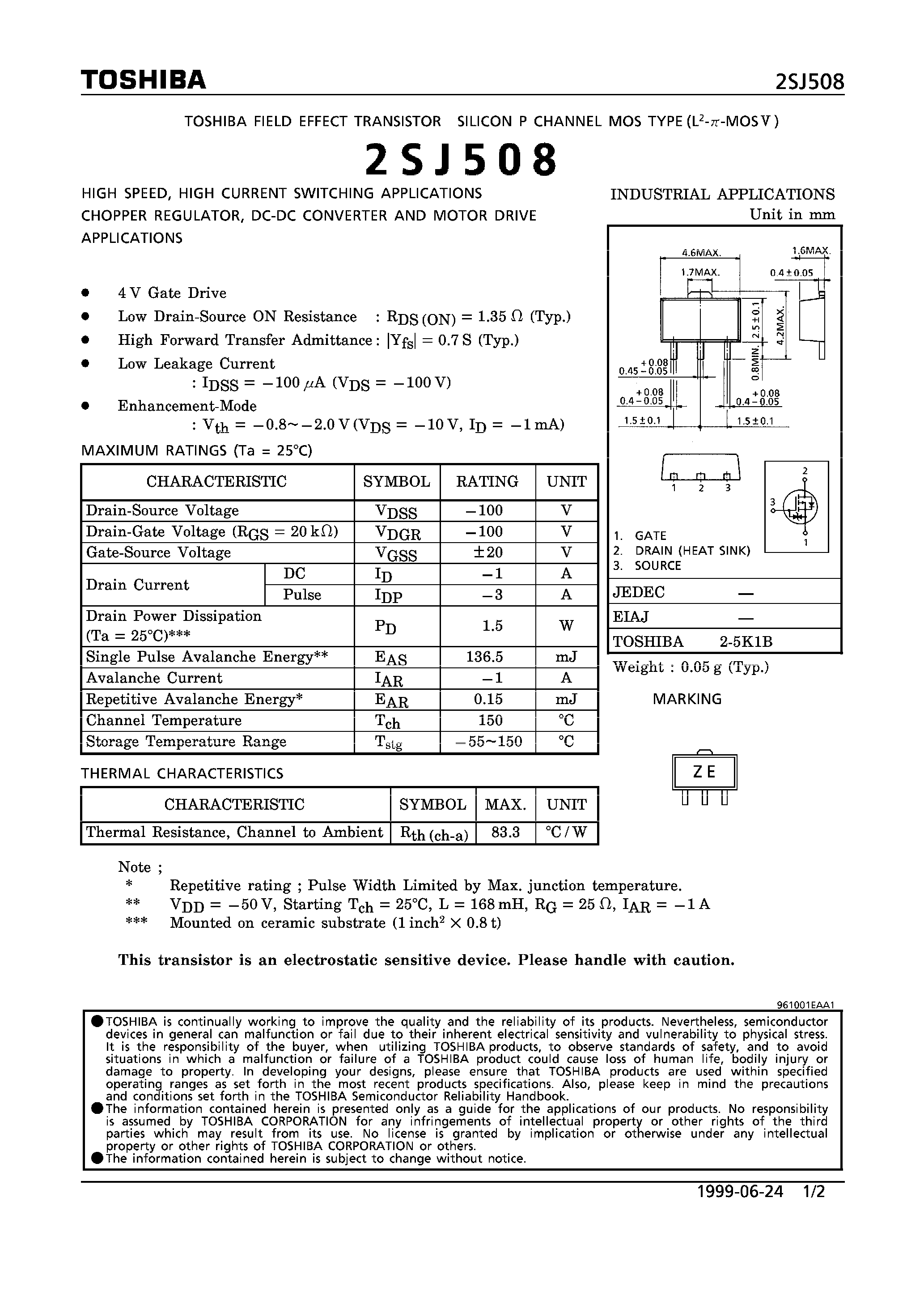 Даташит 2SJ508 - P CHANNEL MOS TYPE (HIGH SPEED/ HIGH CURRENT SWITCHING/ CHOPPER REGULATOR/ DC-DC CONVERTER AND MOTOR DRIVE APPLICATIONS) страница 1