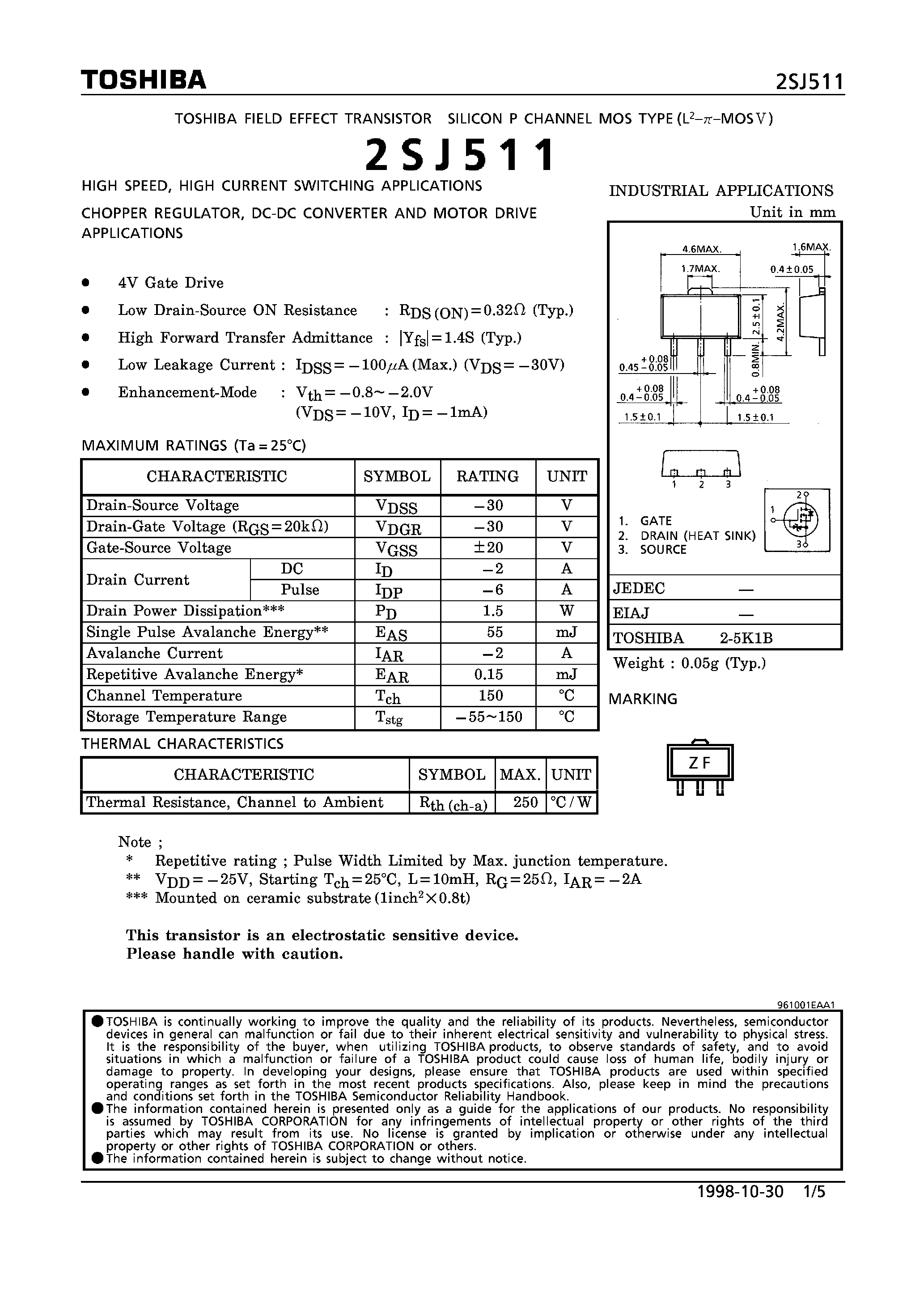 Даташит 2SJ511 - P CHANNEL MOS TYPE (HIGH SPEED/ HIGH CURRENT SWITCHING/ CHOPPER REGULATOR/ DC-DC CONVERTER AND MOTOR DRIVE APPLICATIONS) страница 1