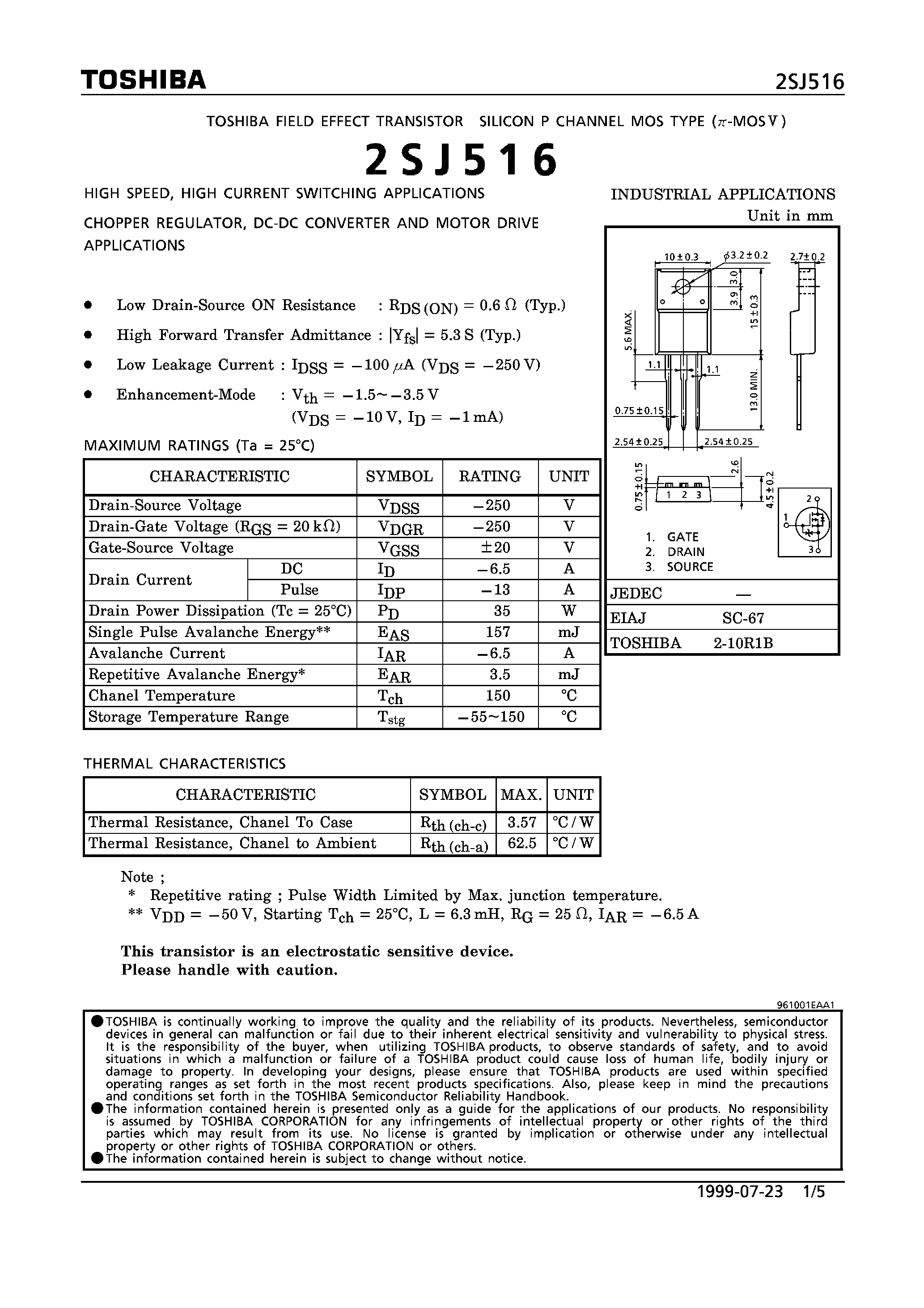 Даташит 2SJ516 - P CHANNEP MOS TYPE (HIGH SPEED/ HIGH CURRENT SWITCHING/ CHOPPER REGULATOR/ DC-DC CONVERTER AND MOTOR DRIVE APPLICATIONS) страница 1