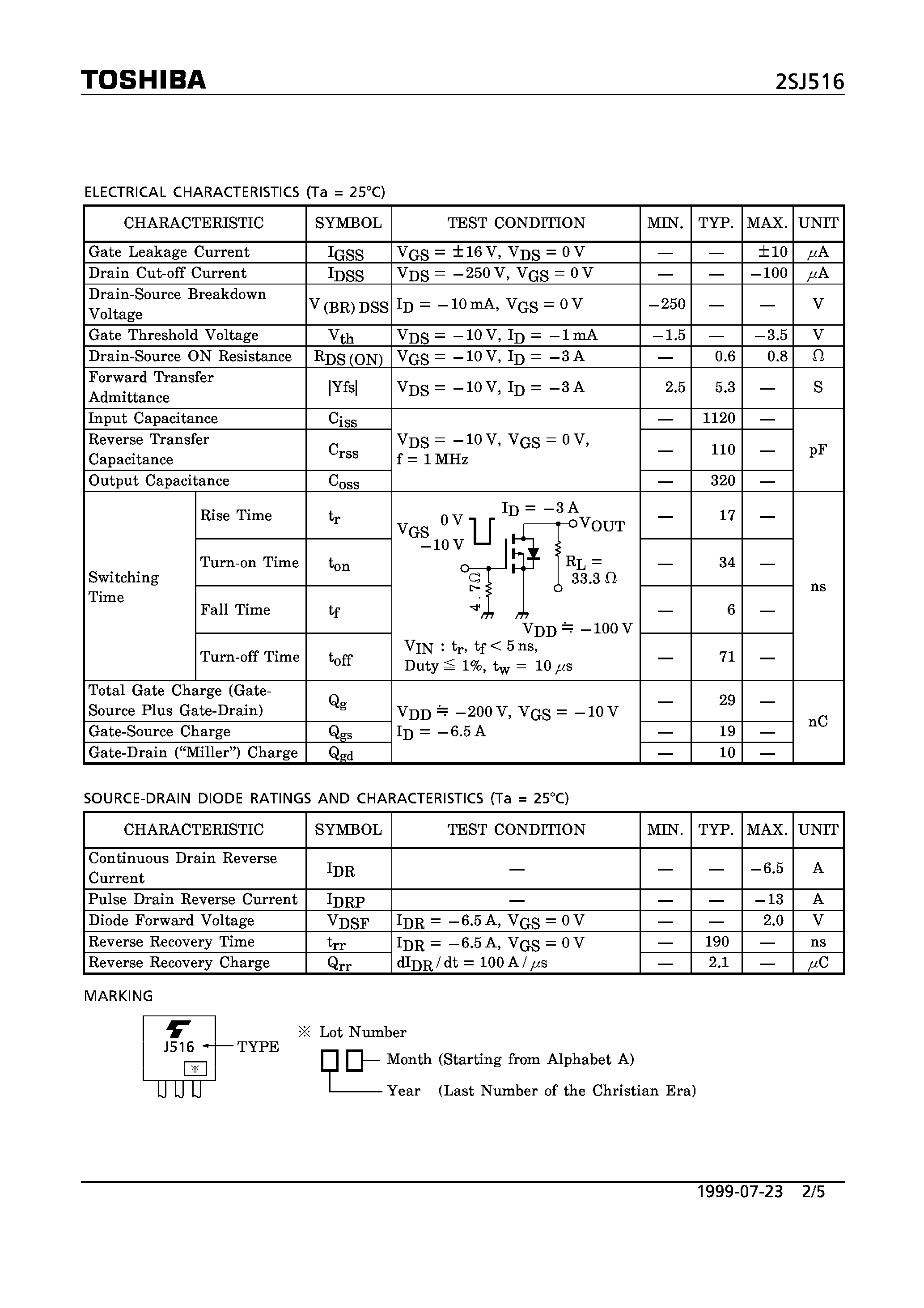 Даташит 2SJ516 - P CHANNEP MOS TYPE (HIGH SPEED/ HIGH CURRENT SWITCHING/ CHOPPER REGULATOR/ DC-DC CONVERTER AND MOTOR DRIVE APPLICATIONS) страница 2