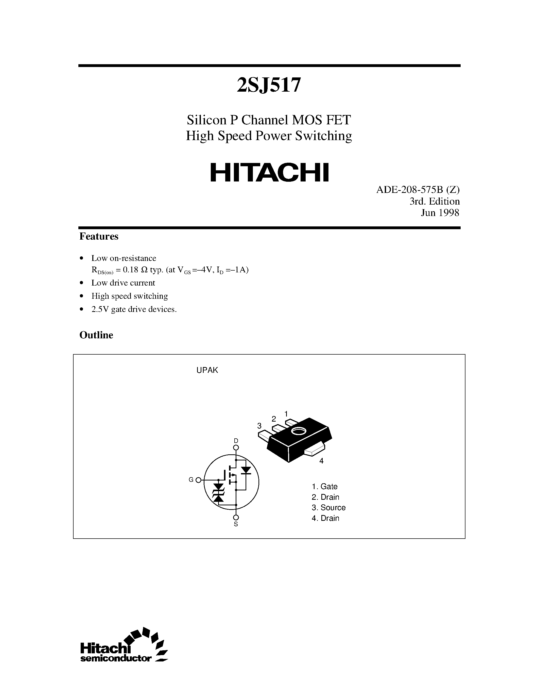 Даташит 2SJ517 - Silicon P Channel MOS FET High Speed Power Switching страница 1