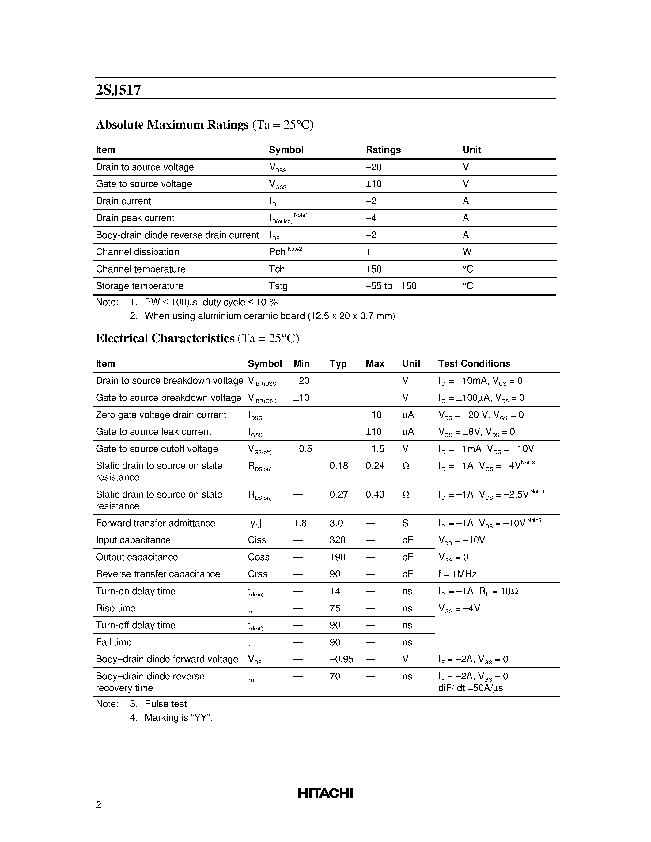 Даташит 2SJ517 - Silicon P Channel MOS FET High Speed Power Switching страница 2