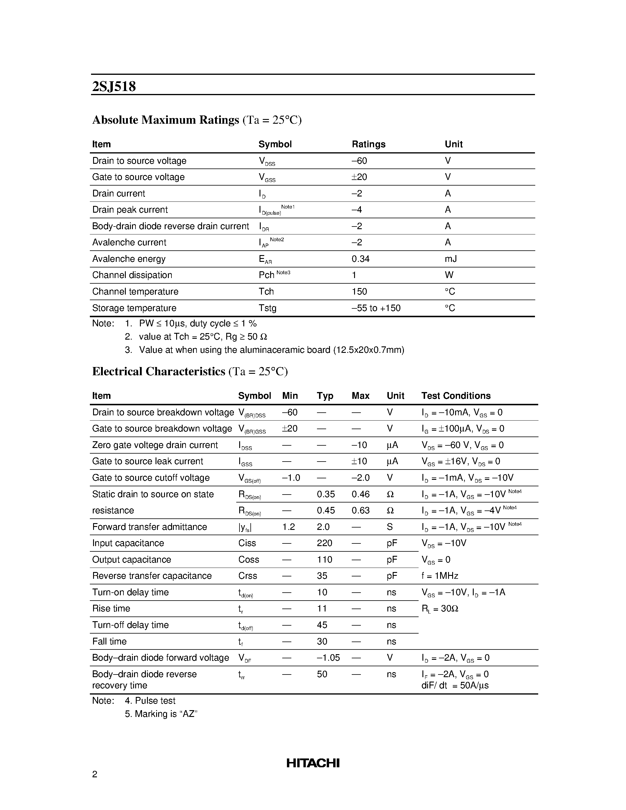 Даташит 2SJ518 - Silicon P Channel MOS FET High Speed Power Switching страница 2