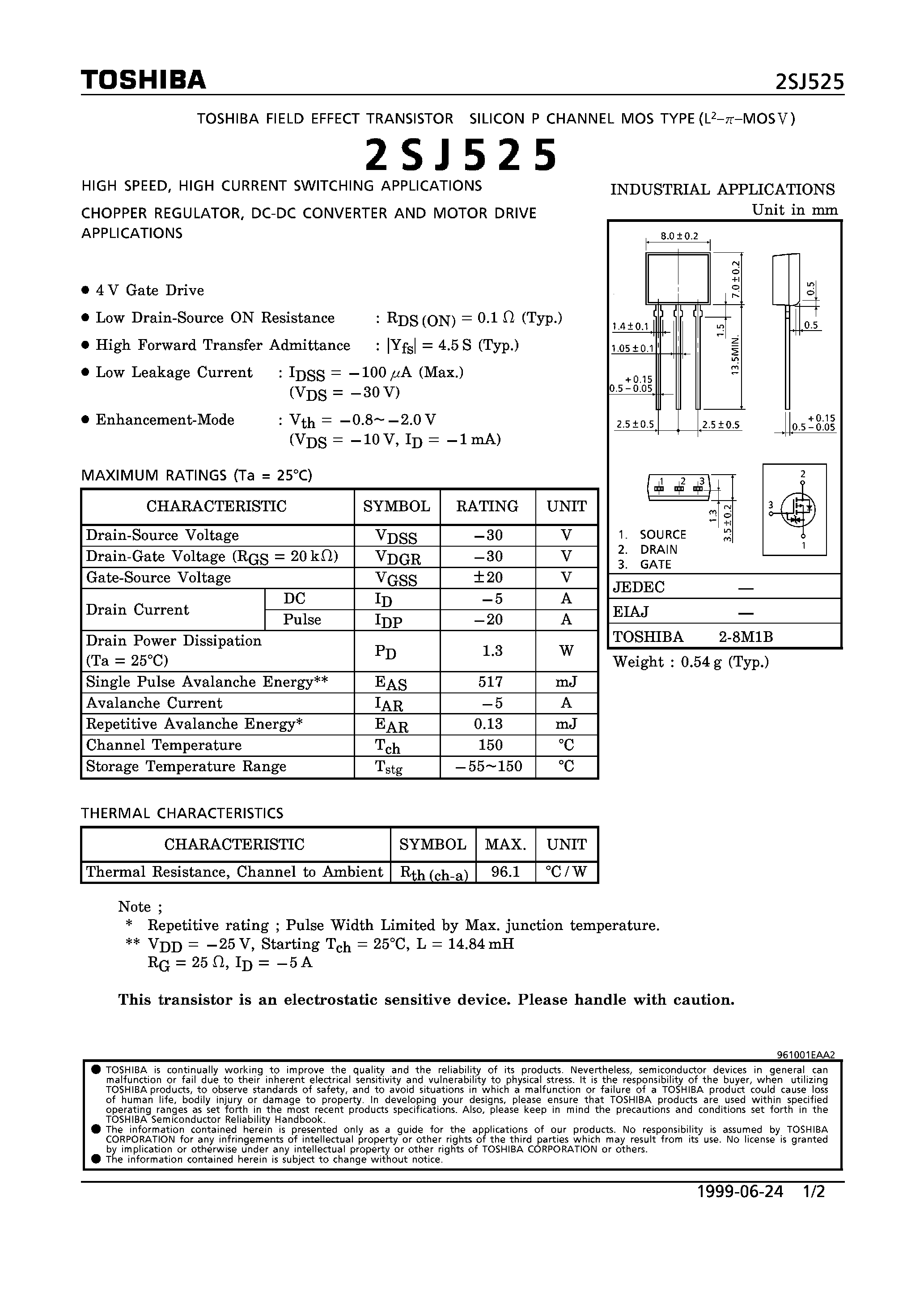 Даташит 2SJ525 - P CHANNEL NOS TYPE (HIGH SPEED/ HIGH CURRENT SWITCHING/ CHOPPER REGULATOR/ DC-DC CONVERTER AND MOTOR DRIVE APPLICATIONS) страница 1