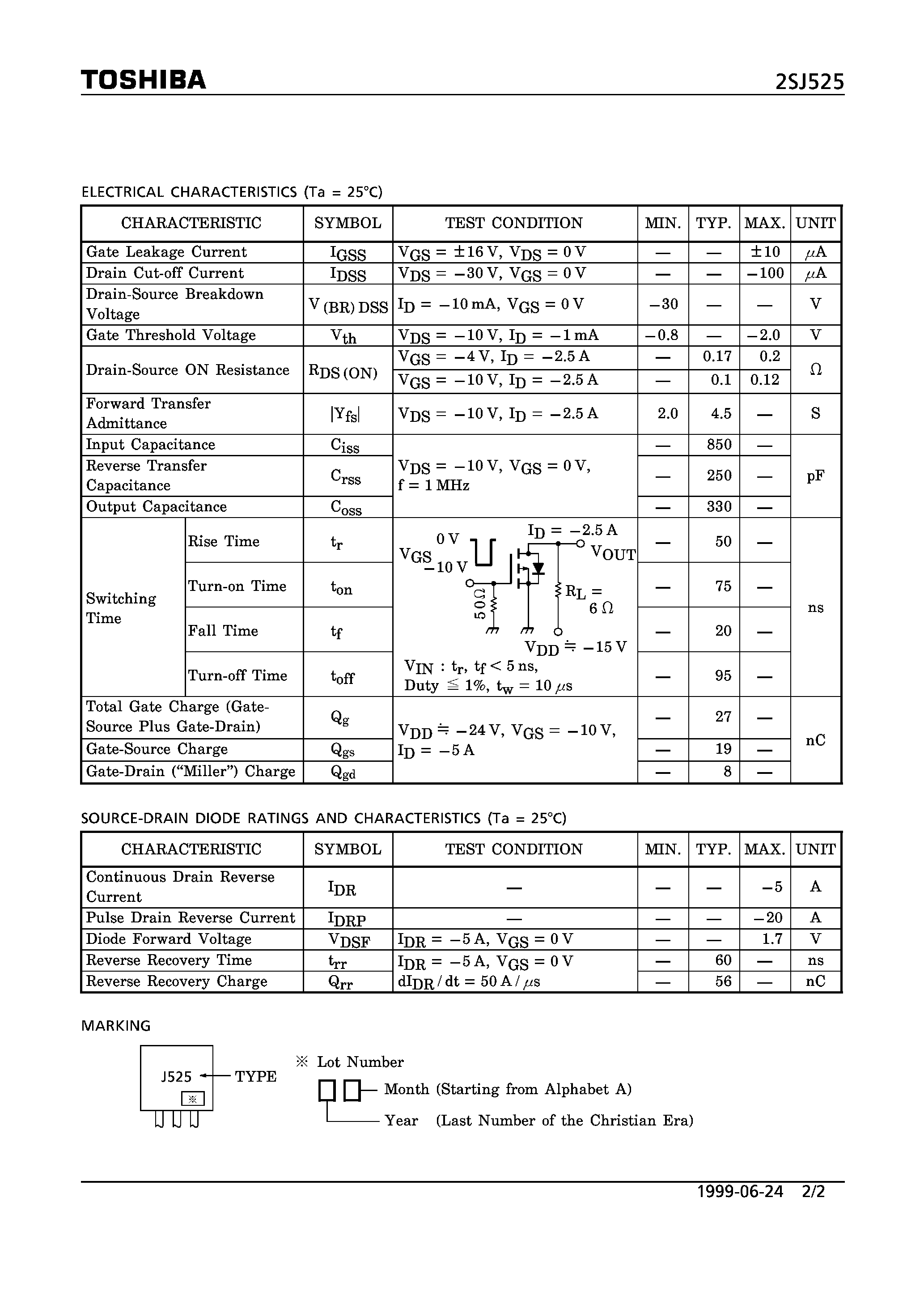 Даташит 2SJ525 - P CHANNEL NOS TYPE (HIGH SPEED/ HIGH CURRENT SWITCHING/ CHOPPER REGULATOR/ DC-DC CONVERTER AND MOTOR DRIVE APPLICATIONS) страница 2