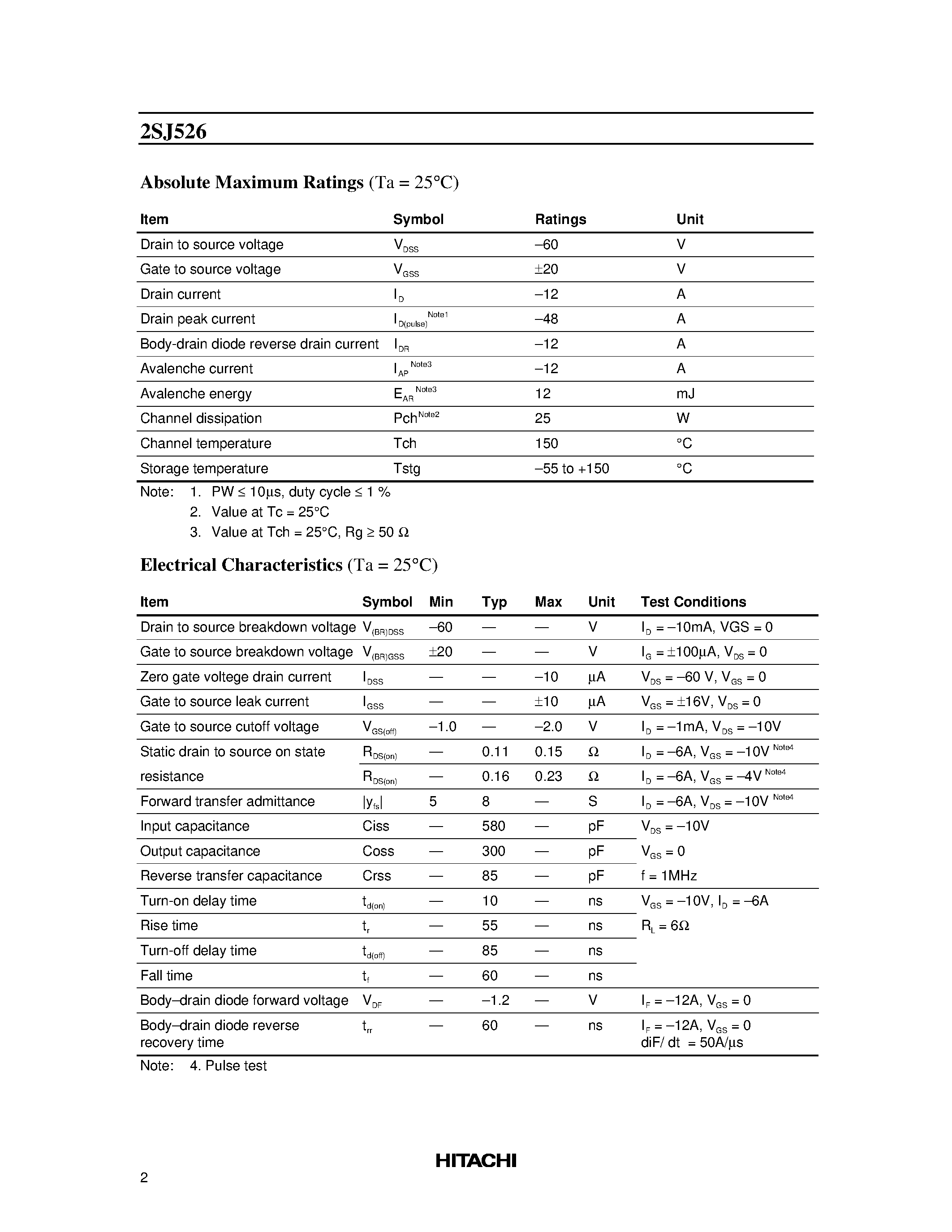 Даташит 2SJ526 - Silicon P Channel MOS FET High Speed Power Switching страница 2