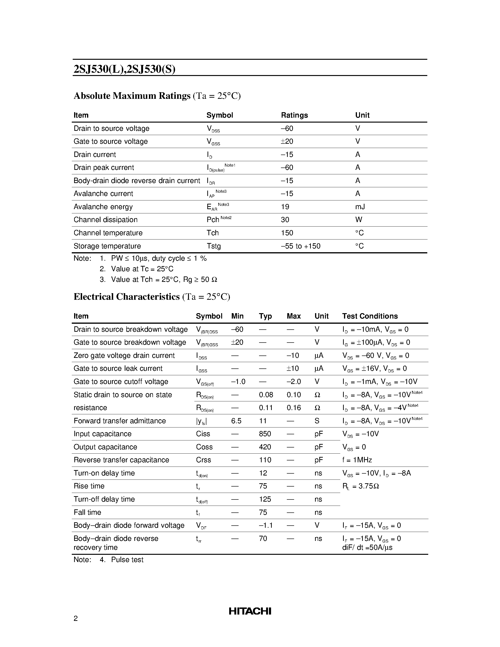 Даташит 2SJ530 - Silicon P Channel MOS FET High Speed Power Switching страница 2