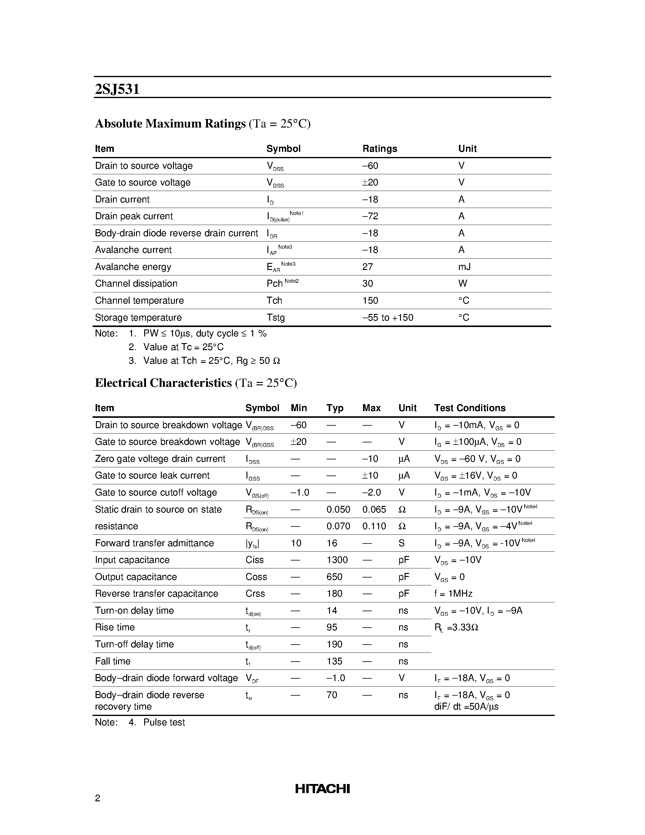 Даташит 2SJ531 - Silicon P Channel MOS FET High Speed Power Switching страница 2