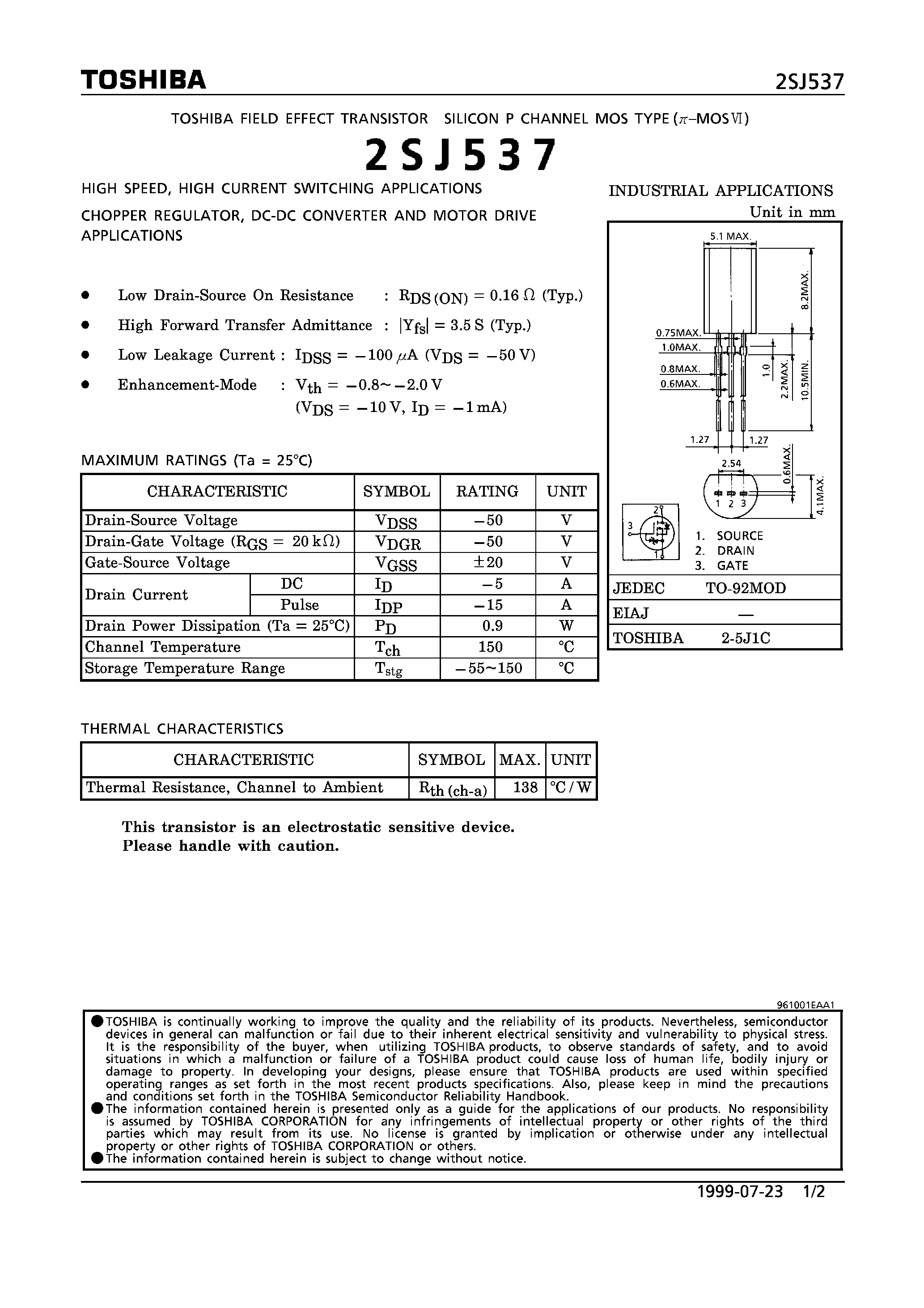 Даташит 2SJ537 - P CHANNEL MOS TYPE (HIGH SPEED/ HIGH CURRENT SWITCHING/ CHOPPER REGULATOR/ DC-DC CONVERTER AND MOTOR DRIVE APPLICATIONS) страница 1