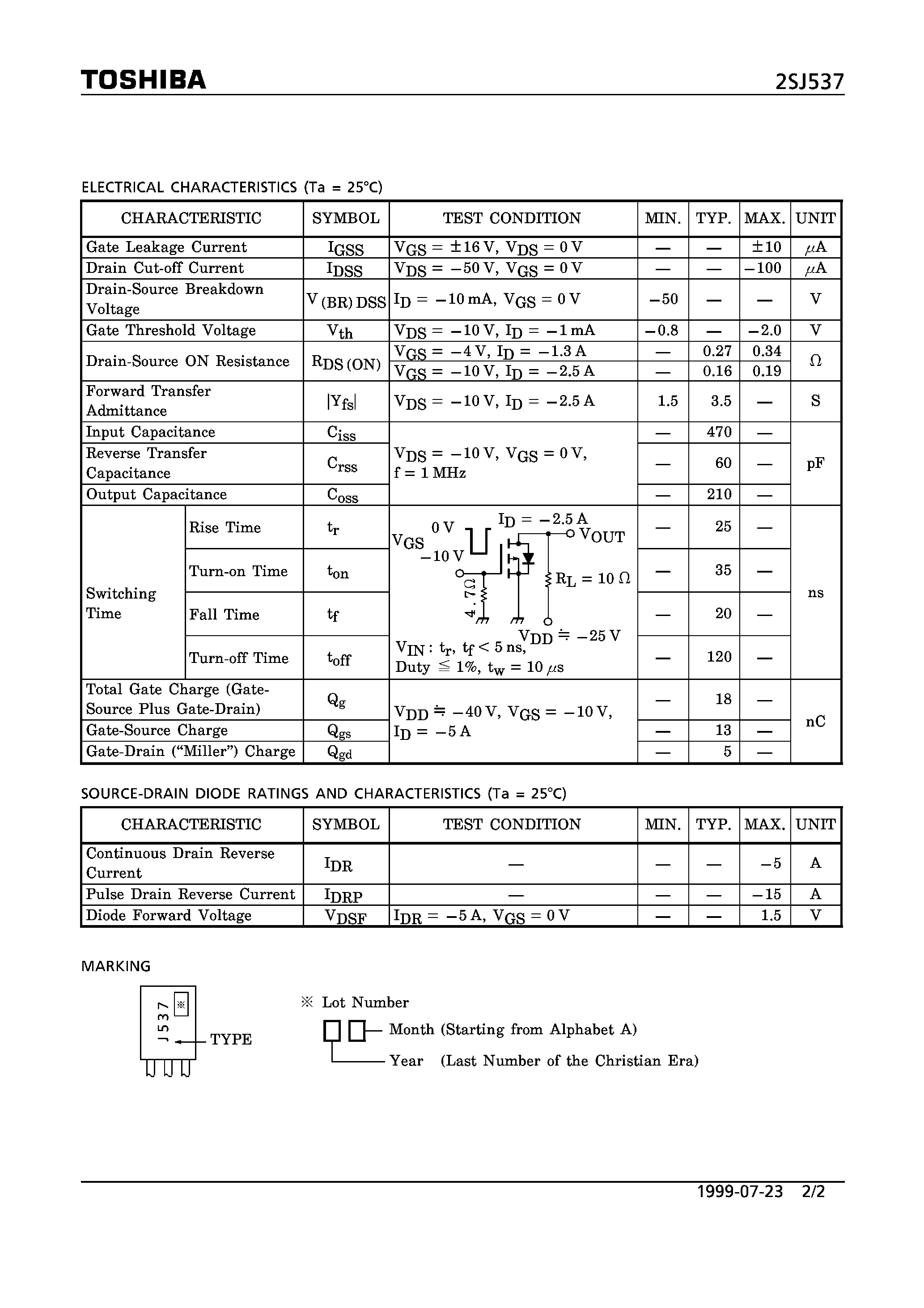 Даташит 2SJ537 - P CHANNEL MOS TYPE (HIGH SPEED/ HIGH CURRENT SWITCHING/ CHOPPER REGULATOR/ DC-DC CONVERTER AND MOTOR DRIVE APPLICATIONS) страница 2