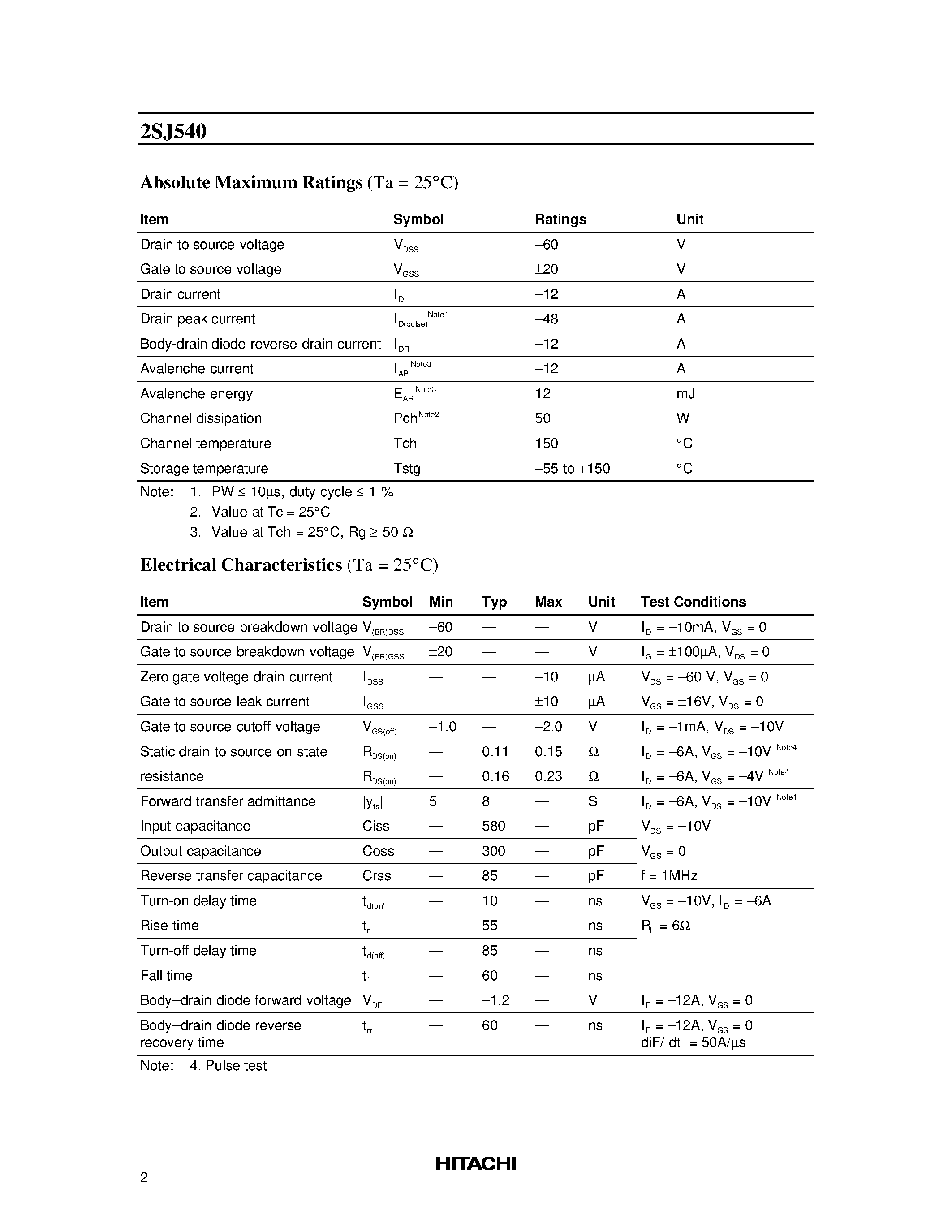 Даташит 2SJ540 - Silicon P Channel MOS FET High Speed Power Switching страница 2