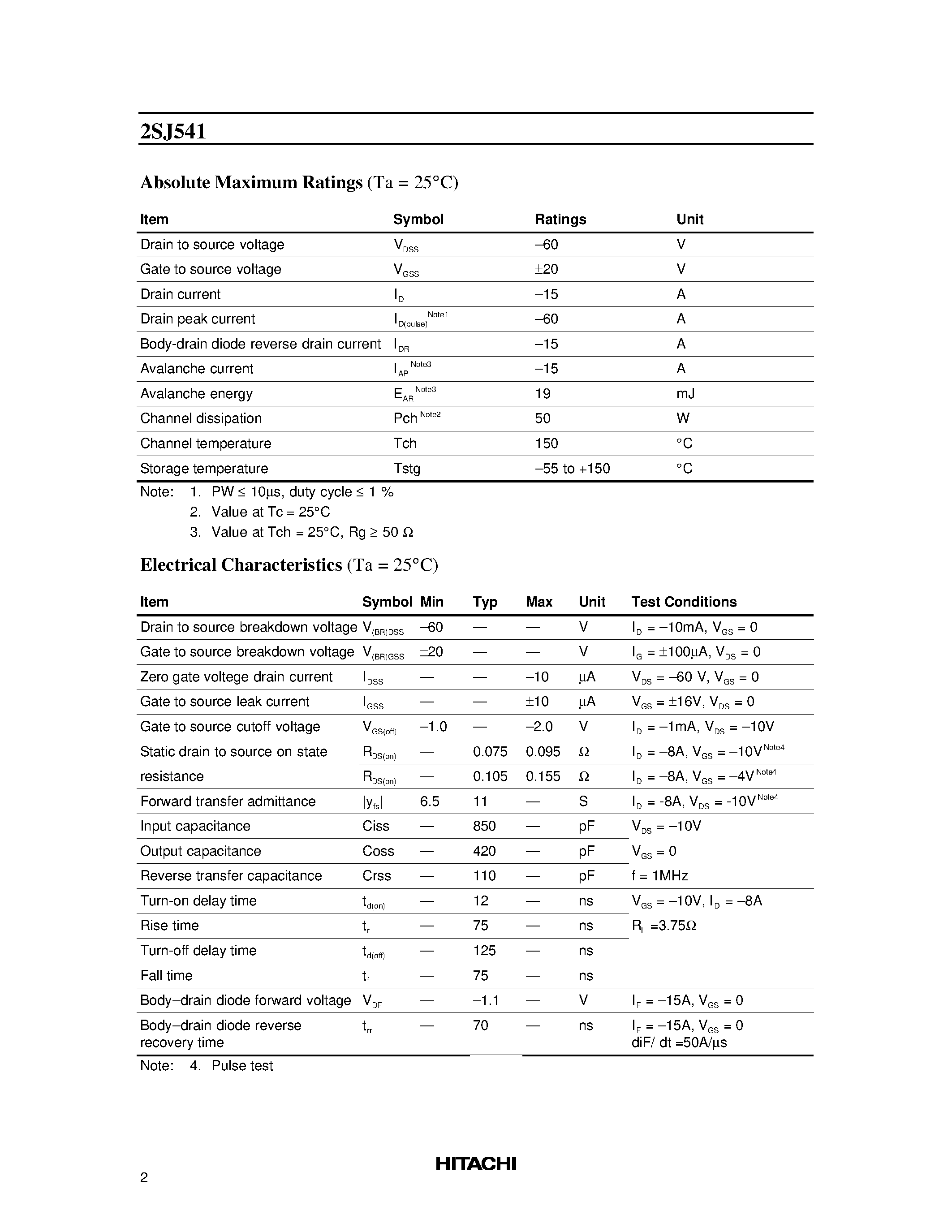 Даташит 2SJ541 - Silicon P Channel MOS FET High Speed Power Switching страница 2