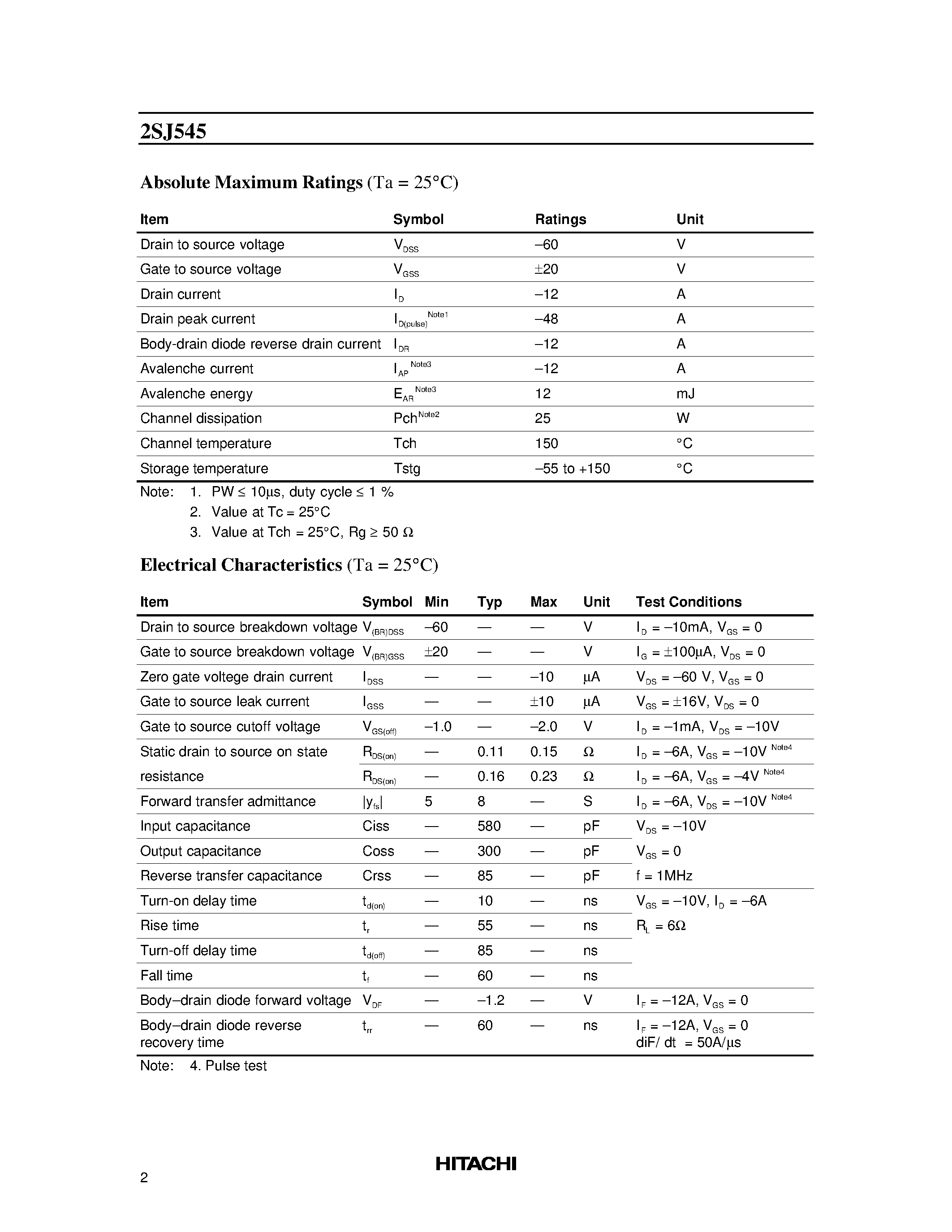 Даташит 2SJ545 - Silicon P Channel MOS FET High Speed Power Switching страница 2