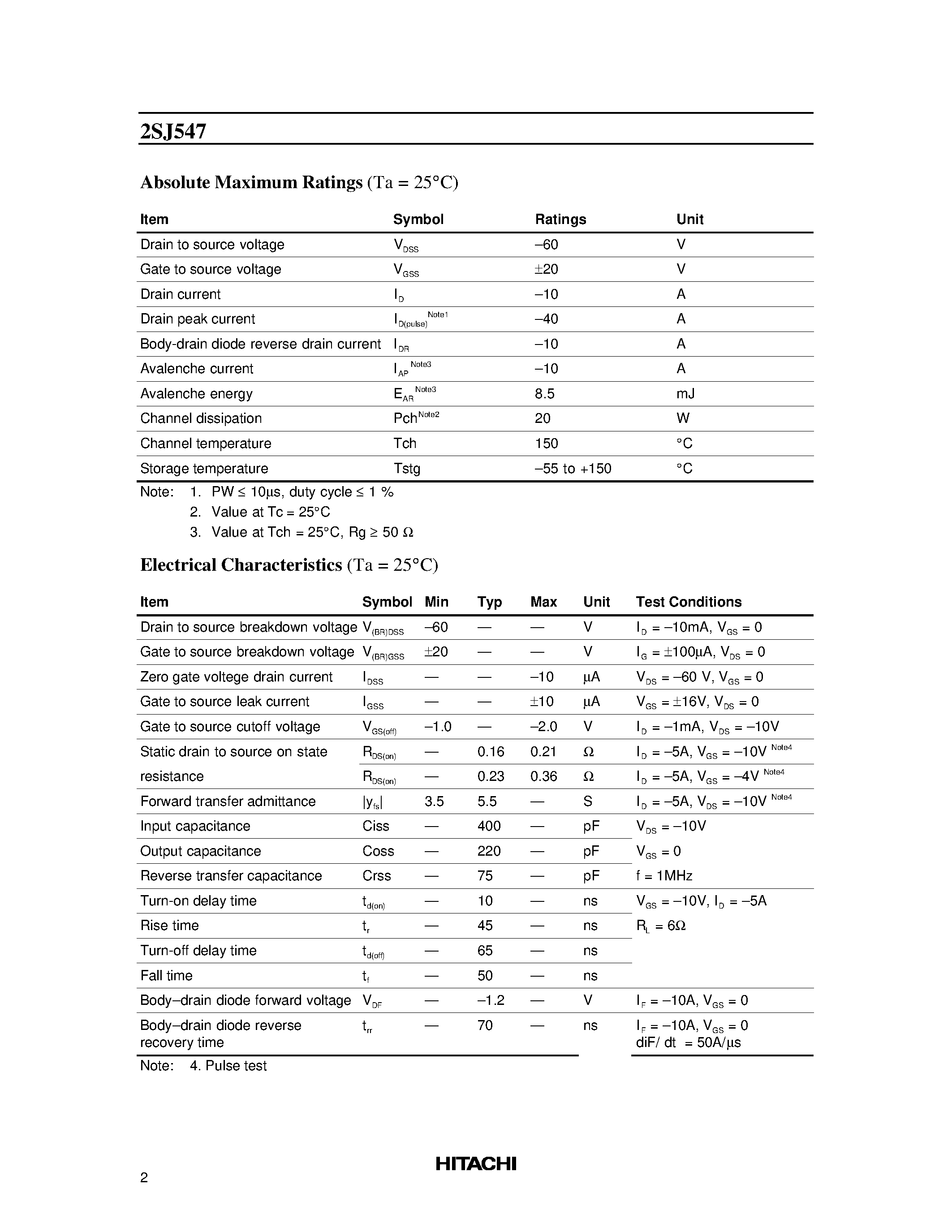 Даташит 2SJ547 - Silicon P Channel MOS FET High Speed Power Switching страница 2