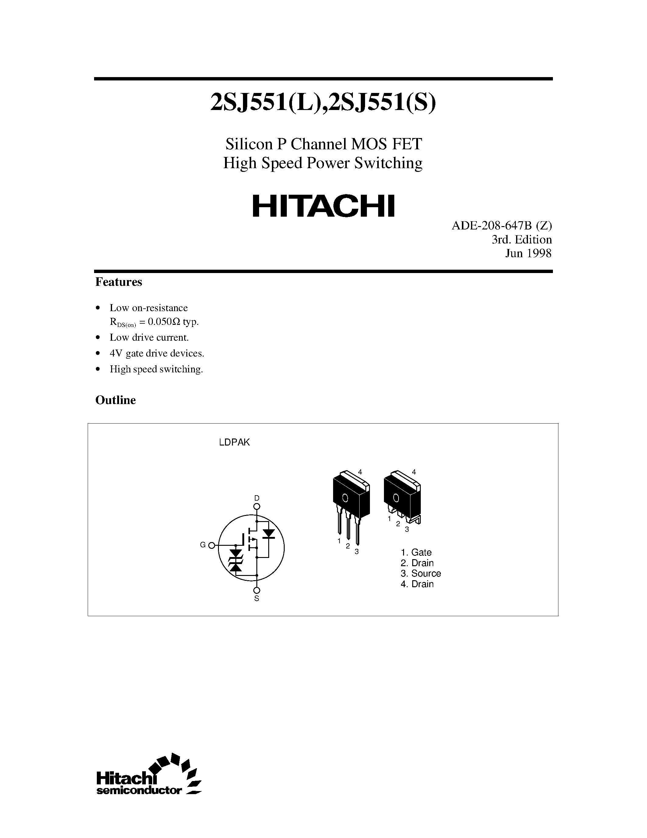 Даташит 2SJ551 - Silicon P Channel MOS FET High Speed Power Switching страница 1