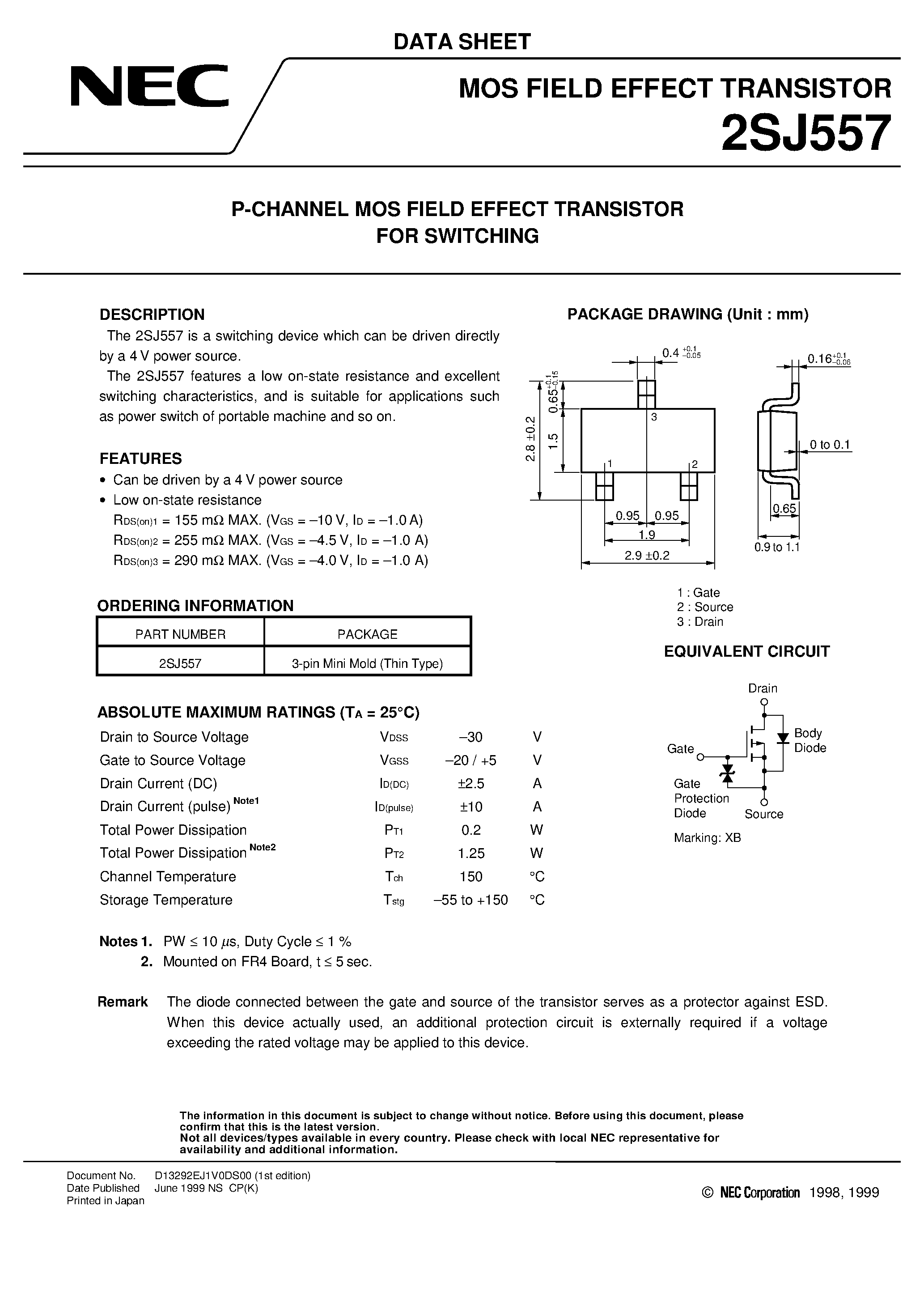 Даташит 2SJ557 - P-CHANNEL MOS FIELD EFFECT TRANSISTOR FOR SWITCHING страница 1