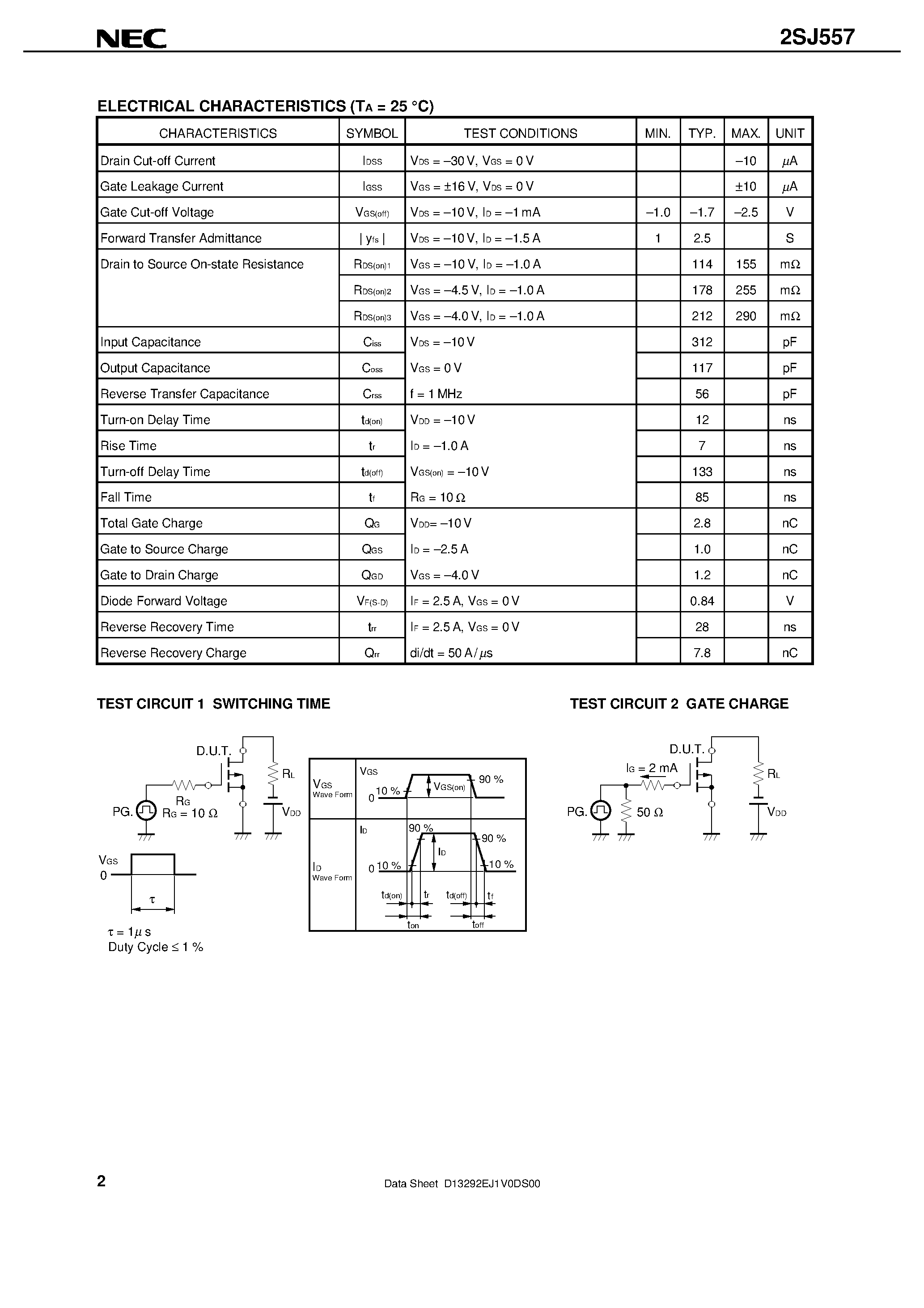 Даташит 2SJ557 - P-CHANNEL MOS FIELD EFFECT TRANSISTOR FOR SWITCHING страница 2