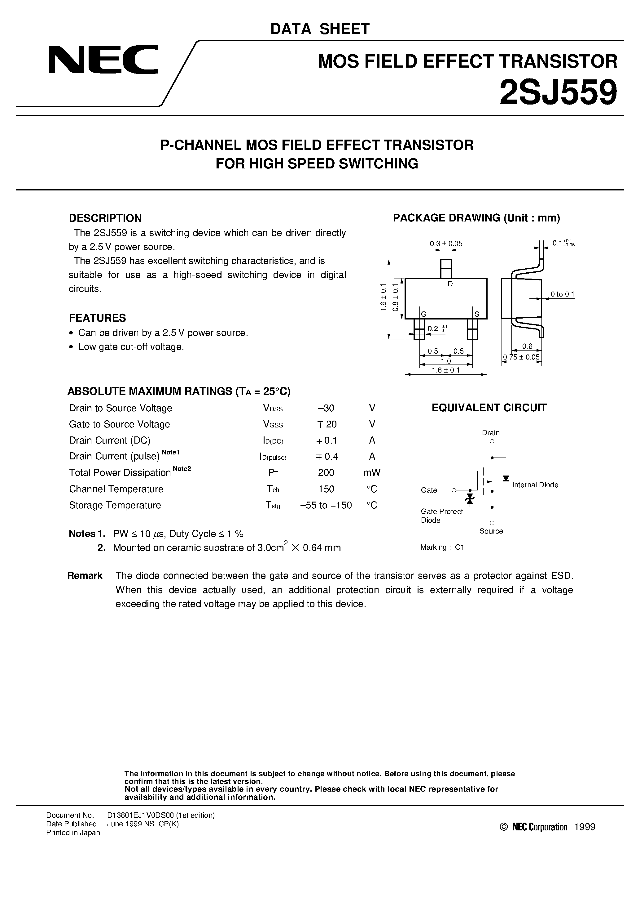 Даташит 2SJ559 - P-CHANNEL MOS FIELD EFFECT TRANSISTOR FOR HIGH SPEED SWITCHING страница 1