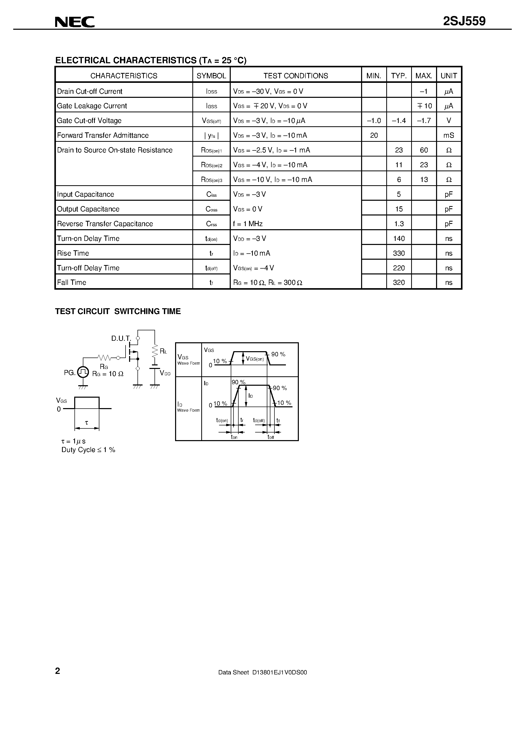 Даташит 2SJ559 - P-CHANNEL MOS FIELD EFFECT TRANSISTOR FOR HIGH SPEED SWITCHING страница 2