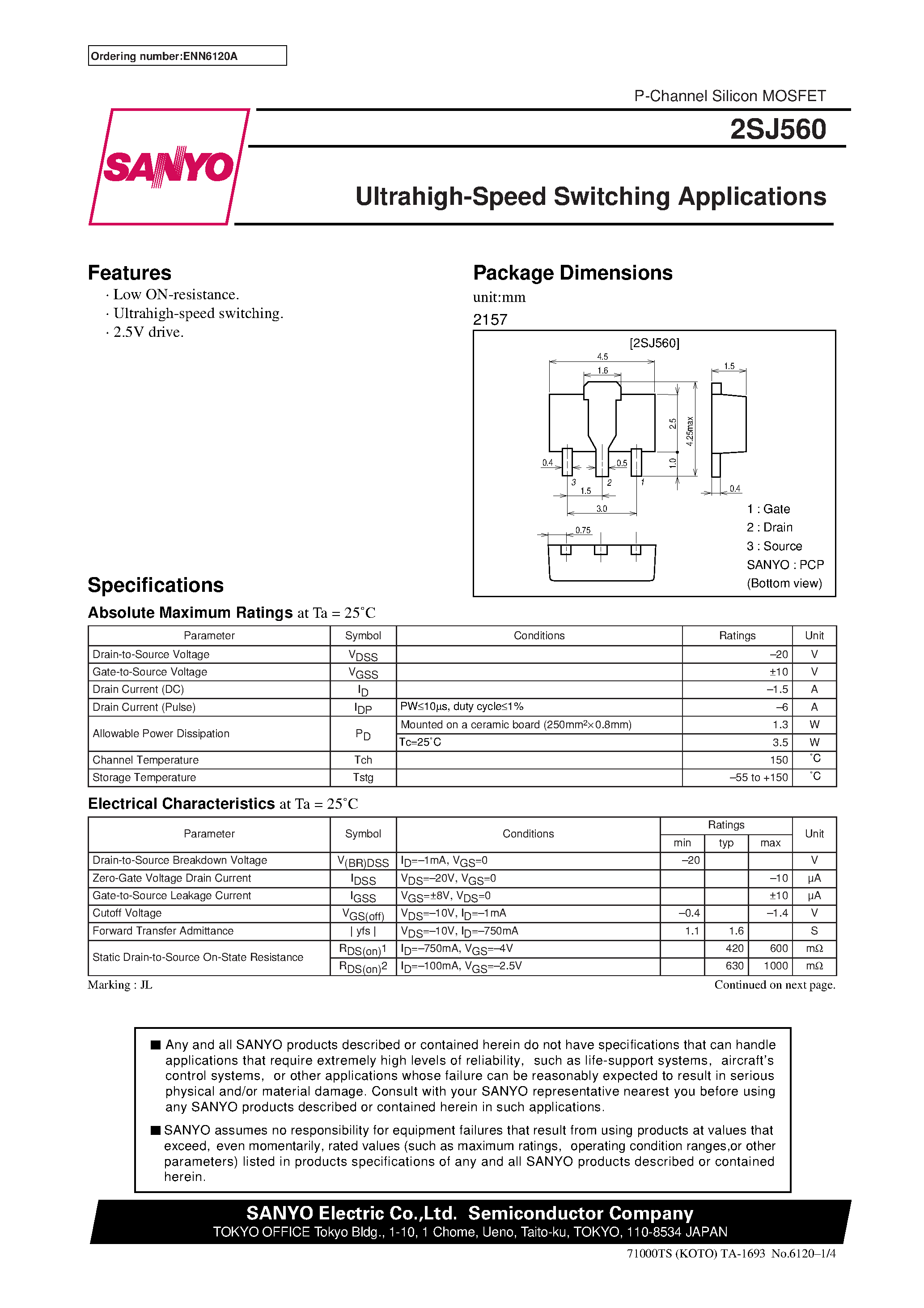 Даташит 2SJ560 - Ultrahigh-Speed Switching Applications страница 1