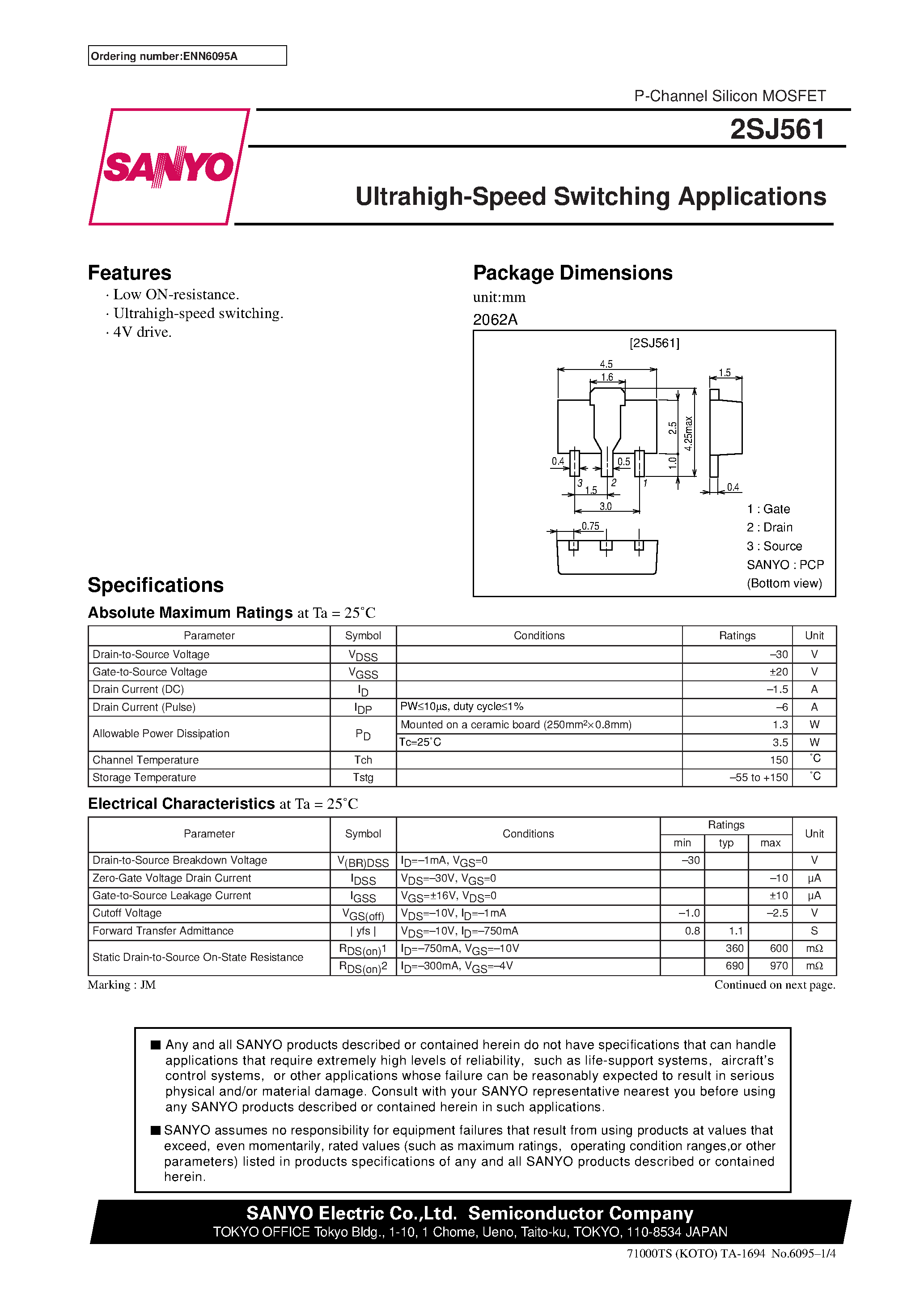 Даташит 2SJ561 - Ultrahigh-Speed Switching Applications страница 1