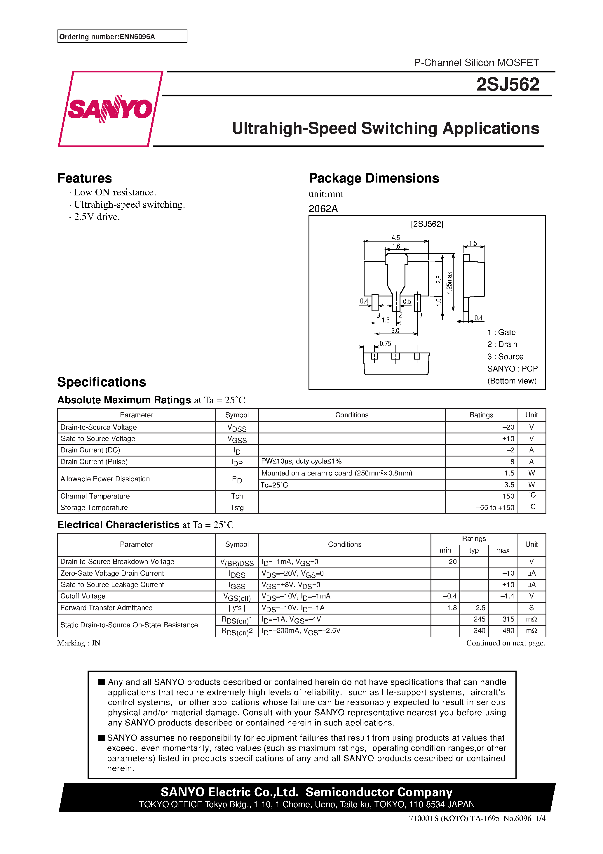 Даташит 2SJ562 - Ultrahigh-Speed Switching Applications страница 1