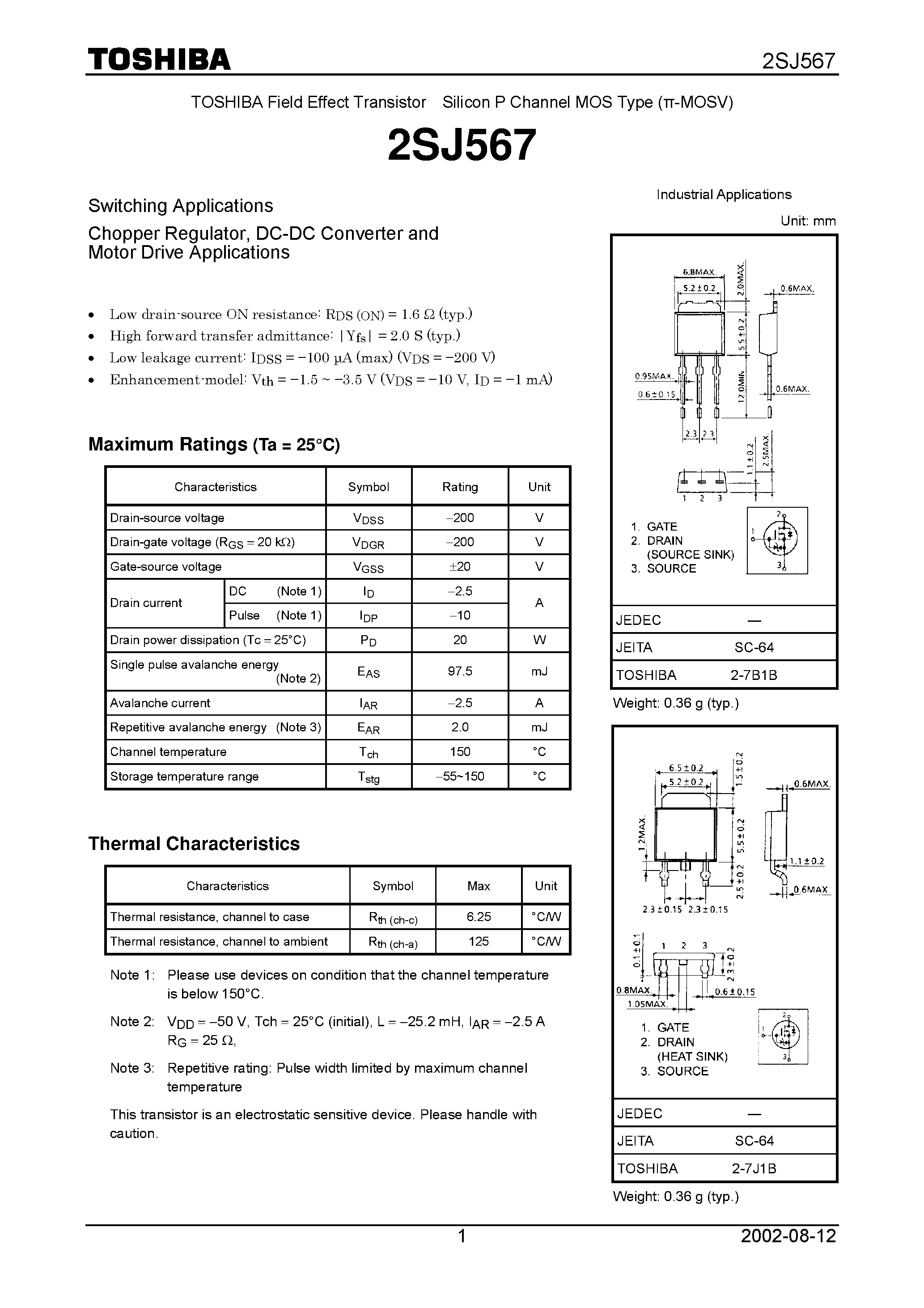 Даташит 2SJ567 - TOSHIBA Field Effect Transistor Silicon P Channel MOS Type (-MOSV) страница 1