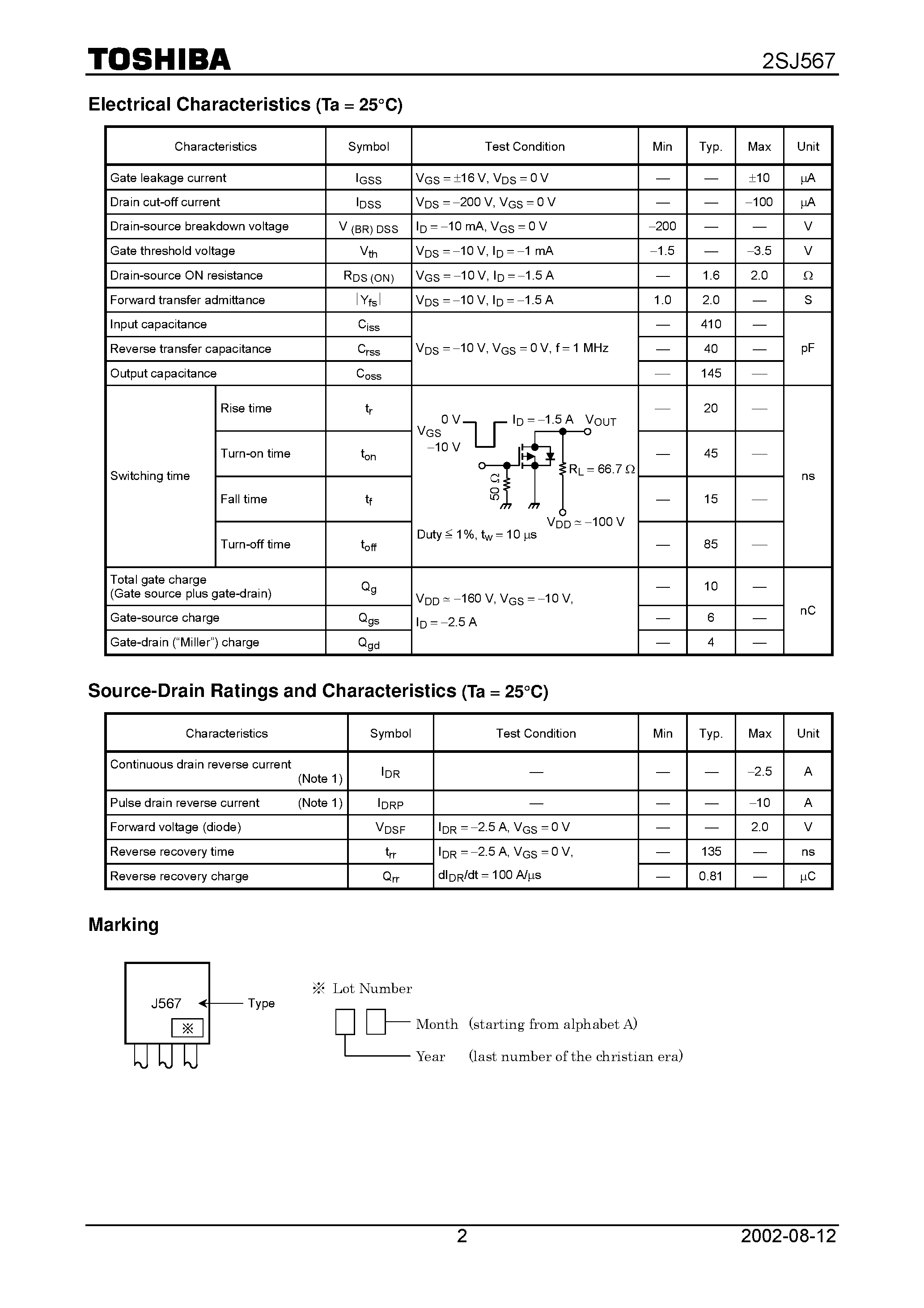 Даташит 2SJ567 - TOSHIBA Field Effect Transistor Silicon P Channel MOS Type (-MOSV) страница 2