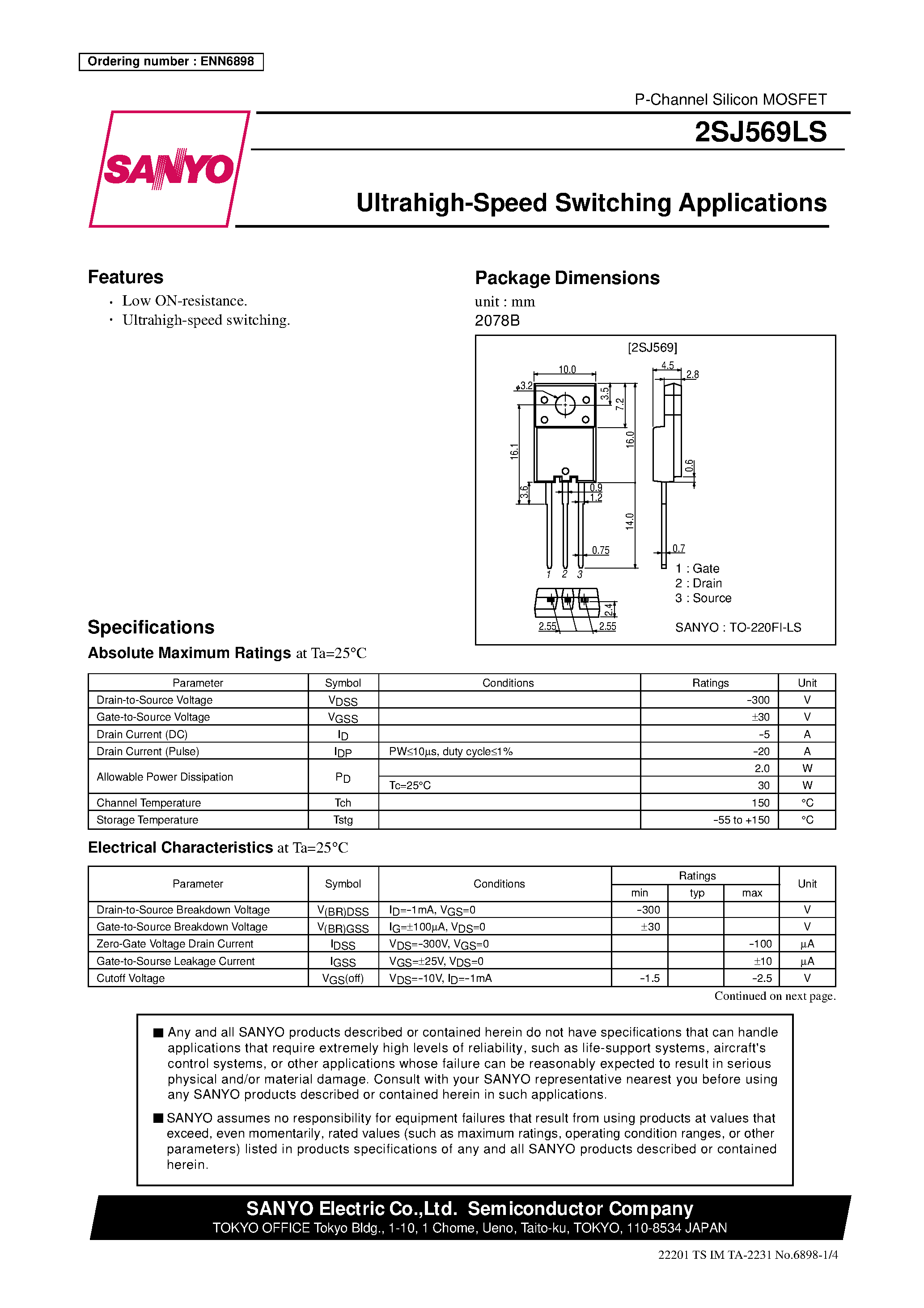 Даташит 2SJ569LS - Ultrahigh-Speed Switching Applications страница 1