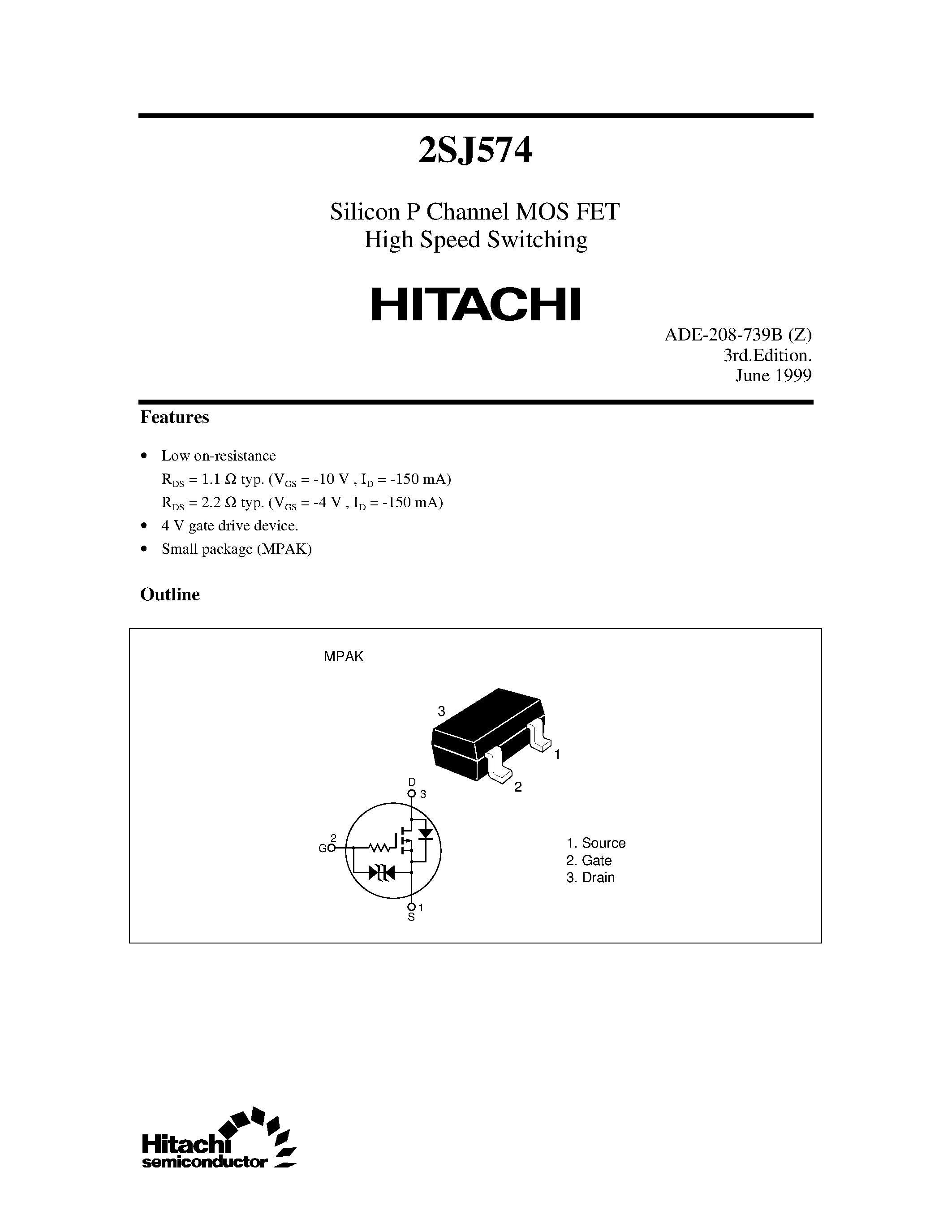 Даташит 2SJ574 - Silicon P Channel MOS FET High Speed Switching страница 1