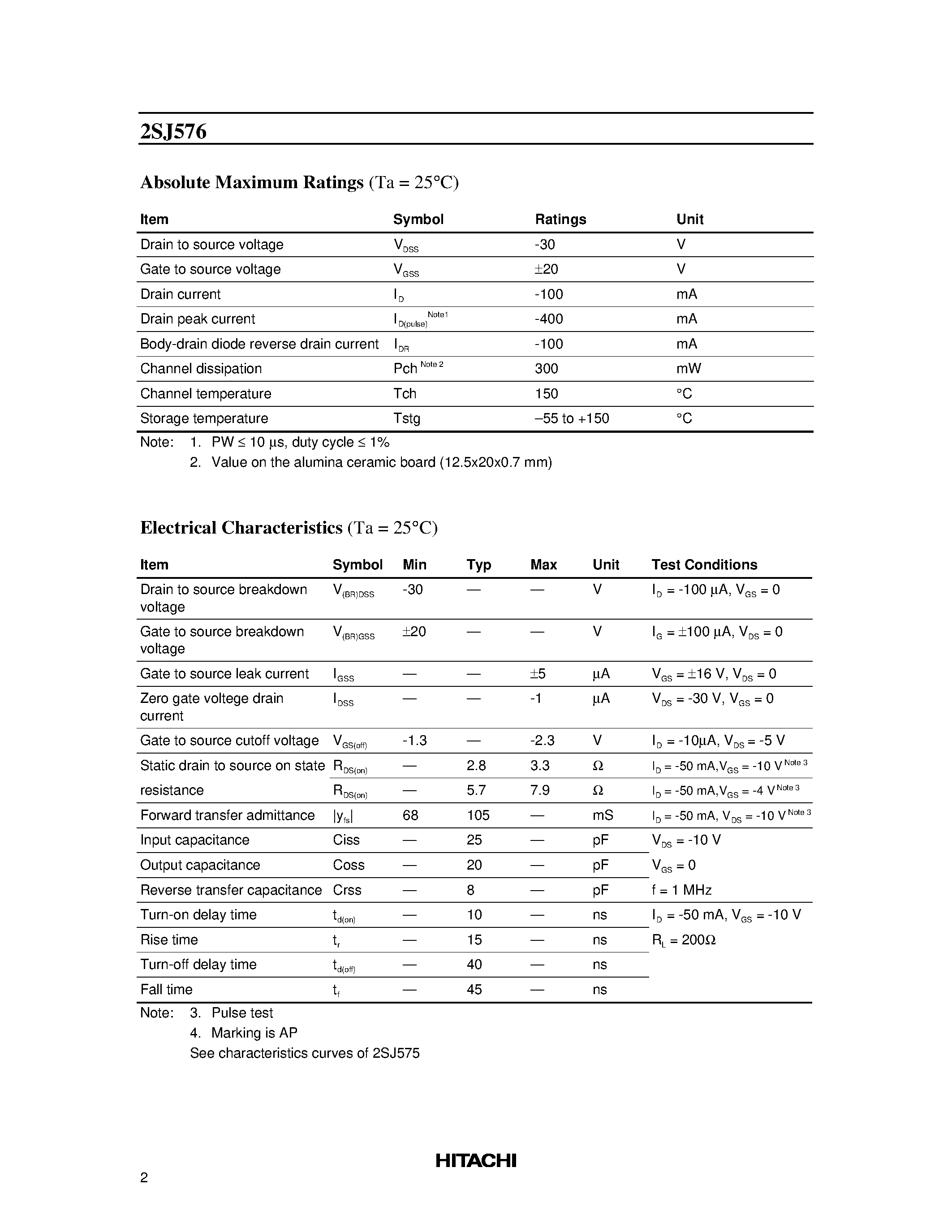 Даташит 2SJ576 - Silicon P Channel MOS FET High Speed Switching страница 2