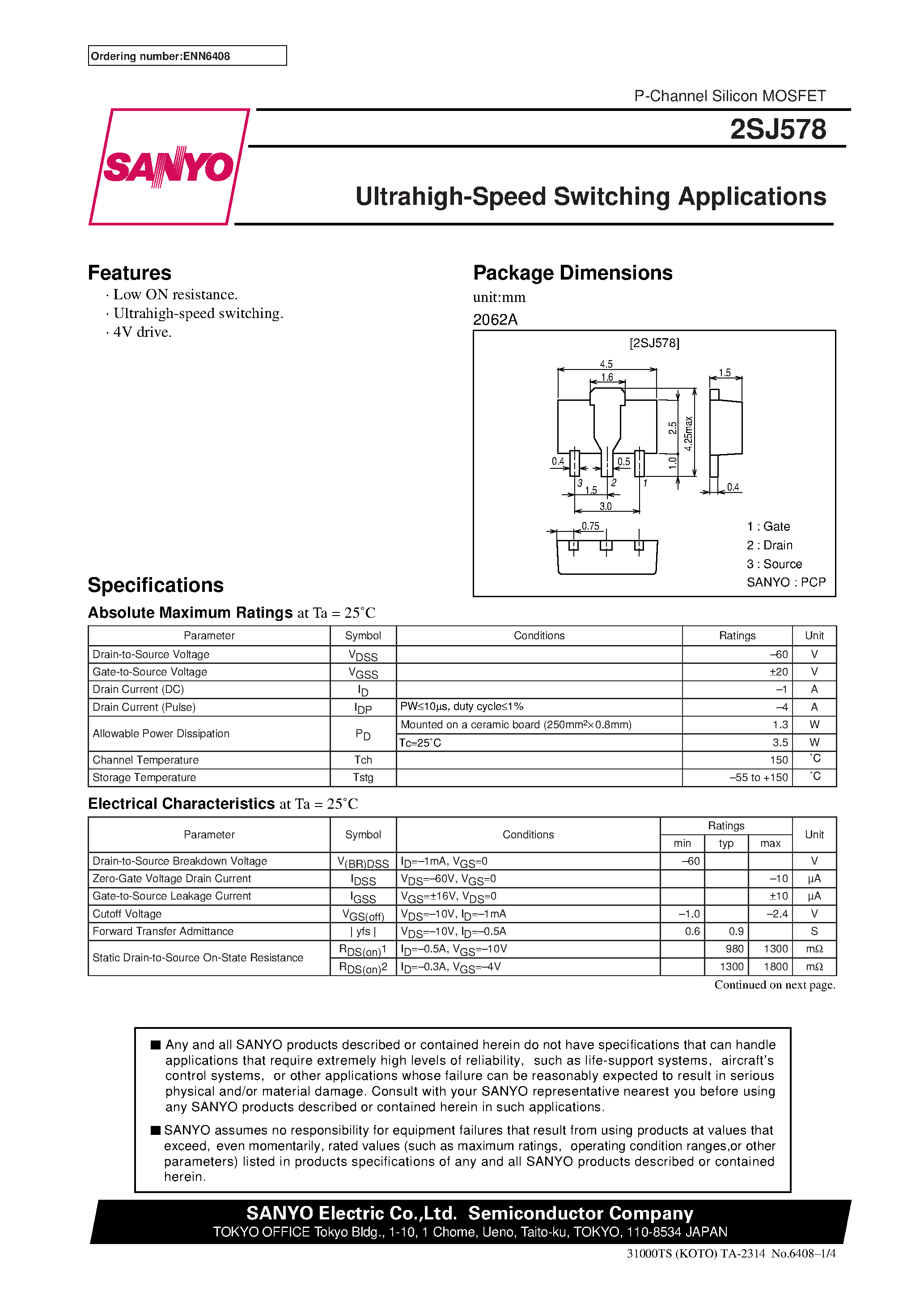 Даташит 2SJ578 - Ultrahigh-Speed Switching Applications страница 1