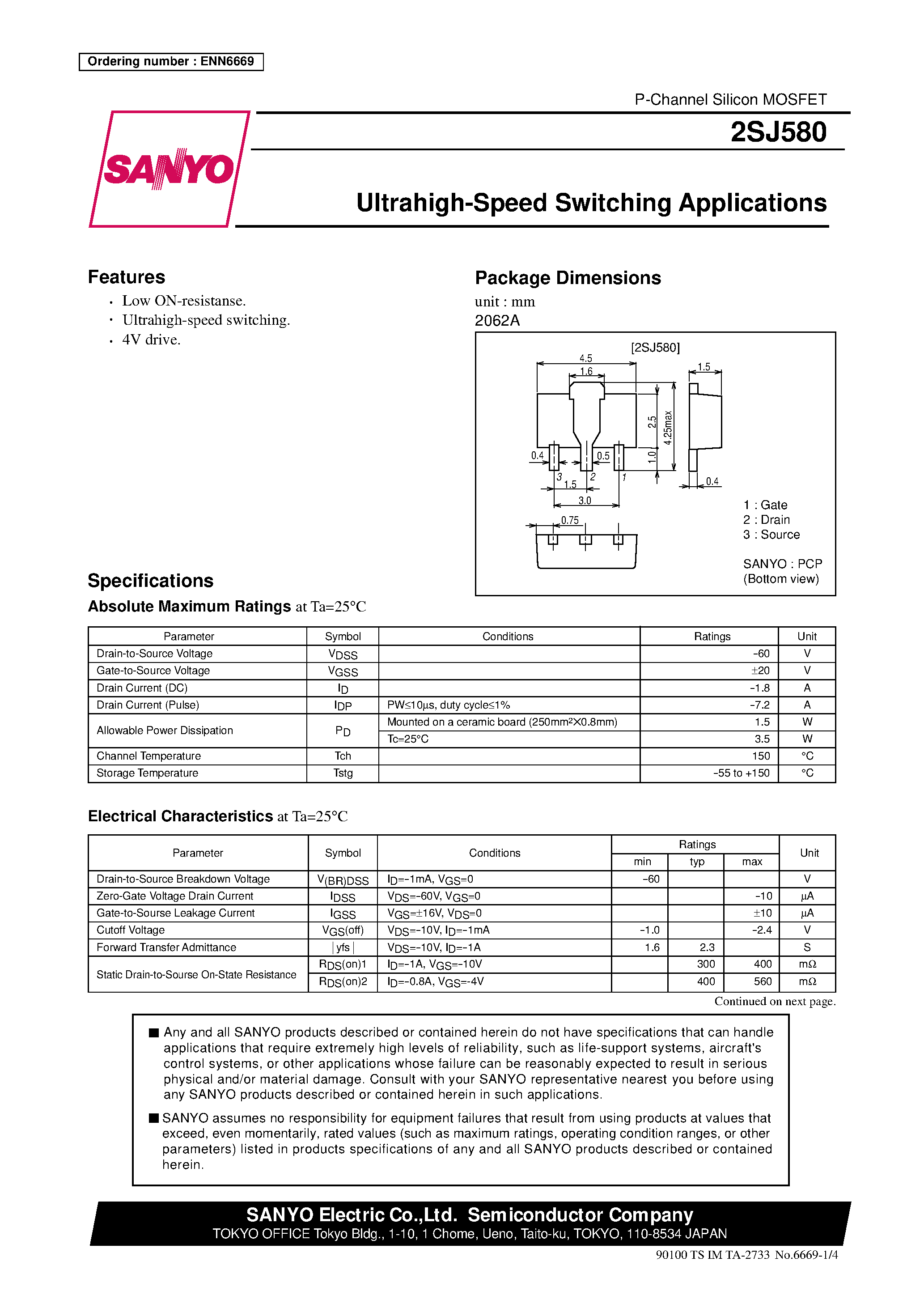 Даташит 2SJ580 - Ultrahigh-Speed Switching Applications страница 1