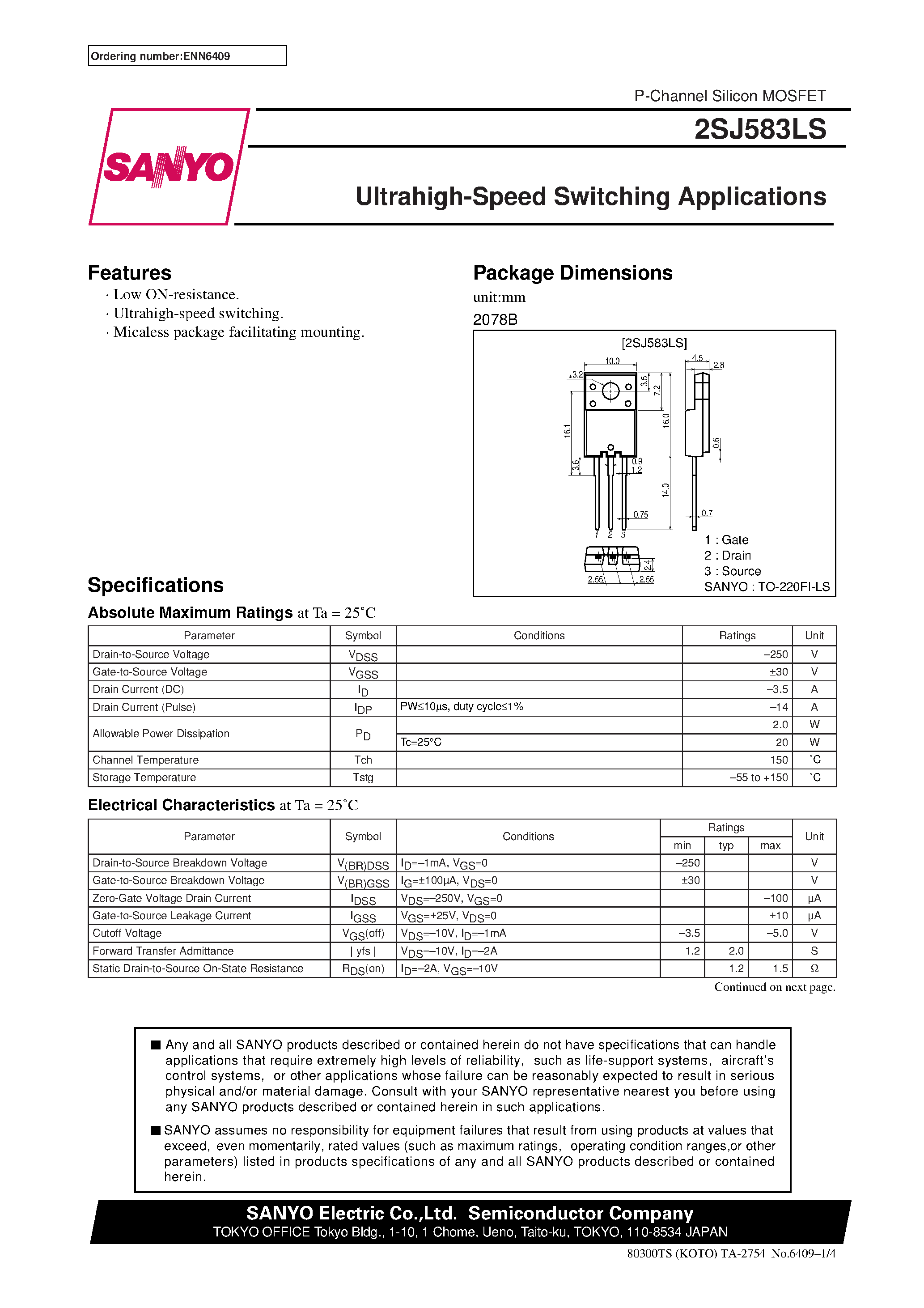 Даташит 2SJ583 - Ultrahigh-Speed Switching Applications страница 1